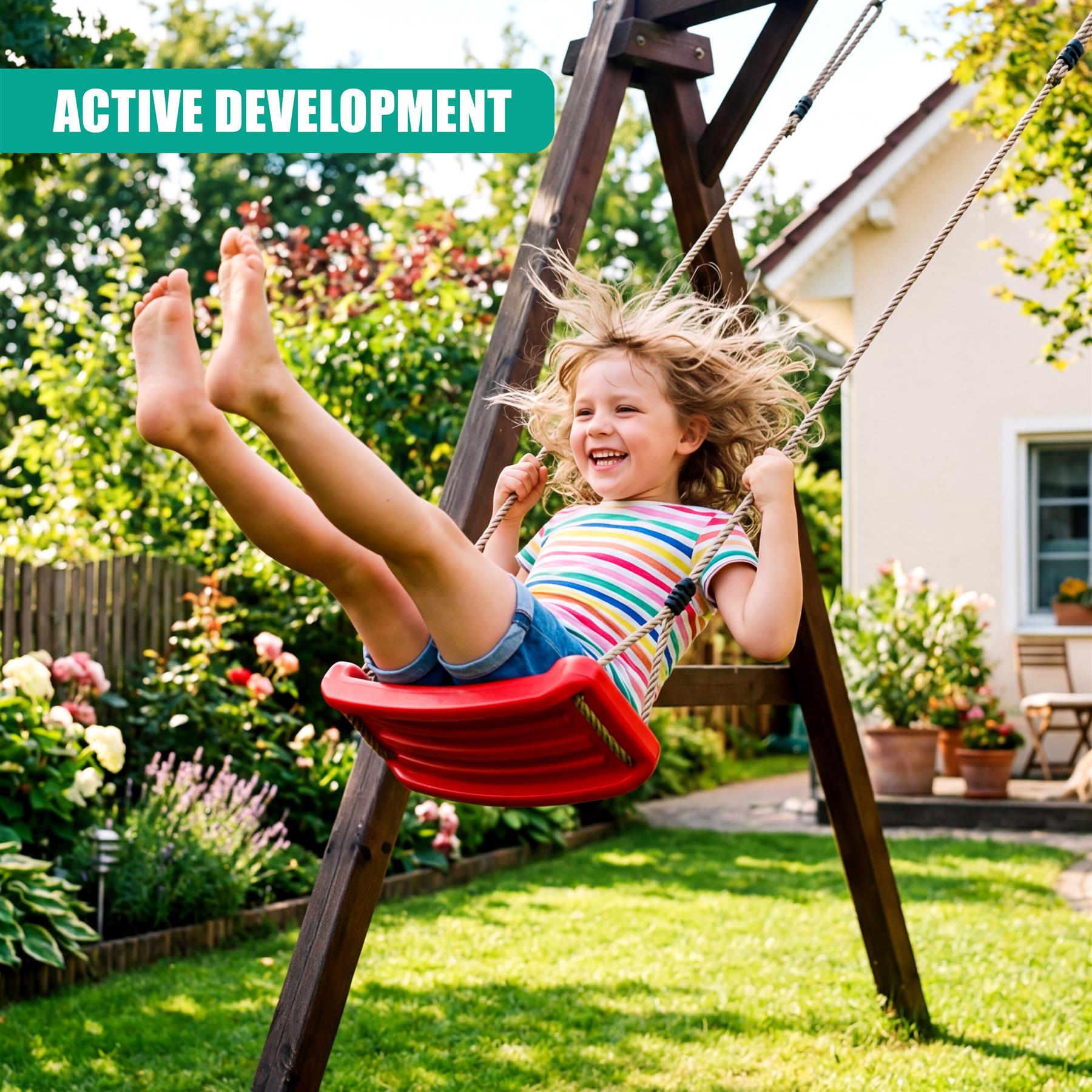 Child swings on a red seat suspended from a wooden garden swing set frame.