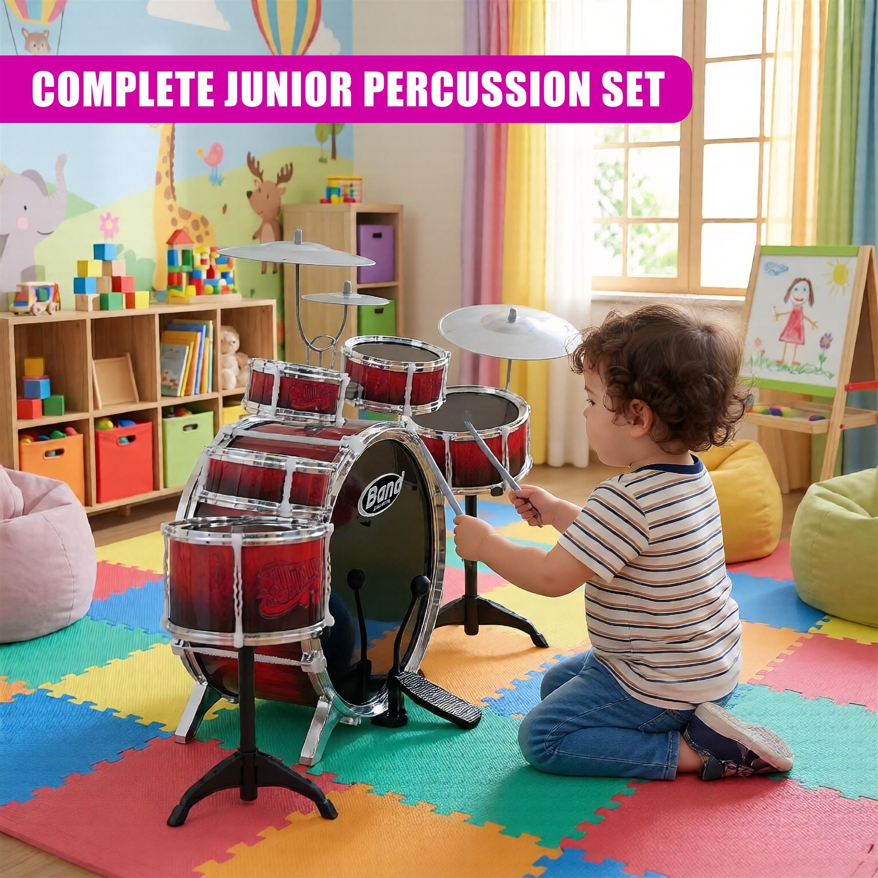 Kids Drum Kit With Stool 10 Piece