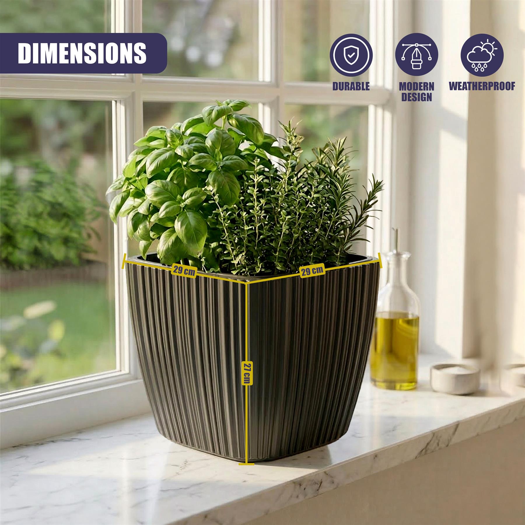 Black Plant Pot with Insert, 29 cm
