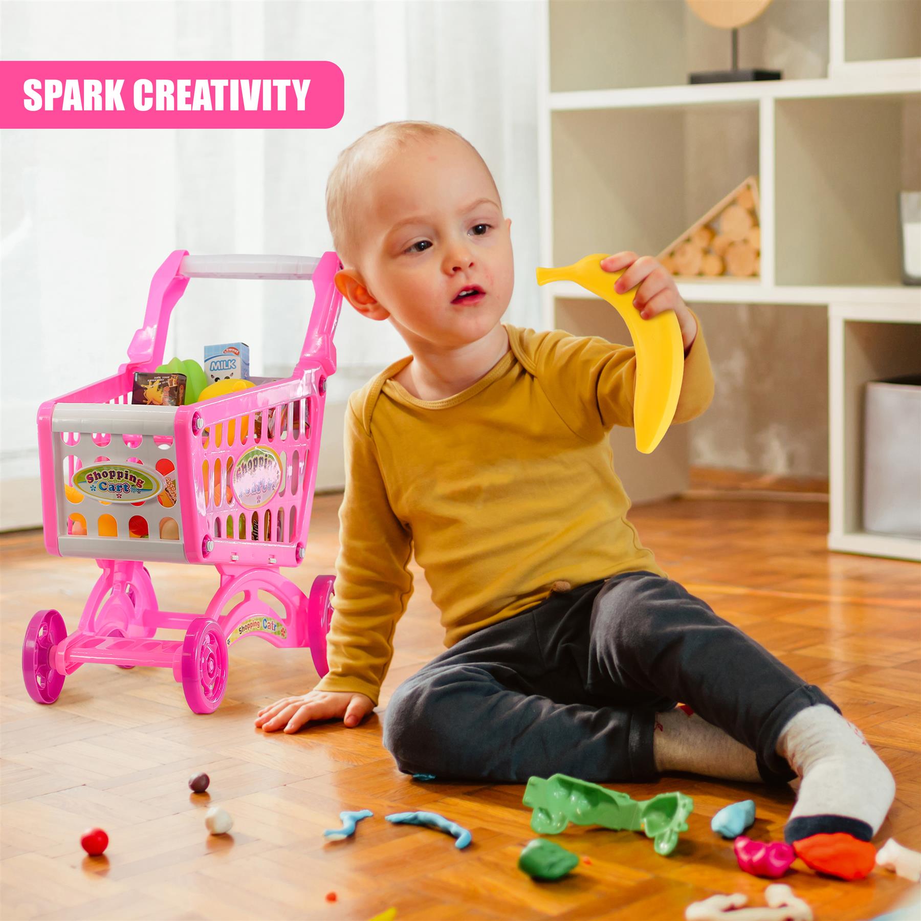 Pink Shopping Trolley Cart Play Food Set by The Magic Toy Shop - The Magic Toy Shop