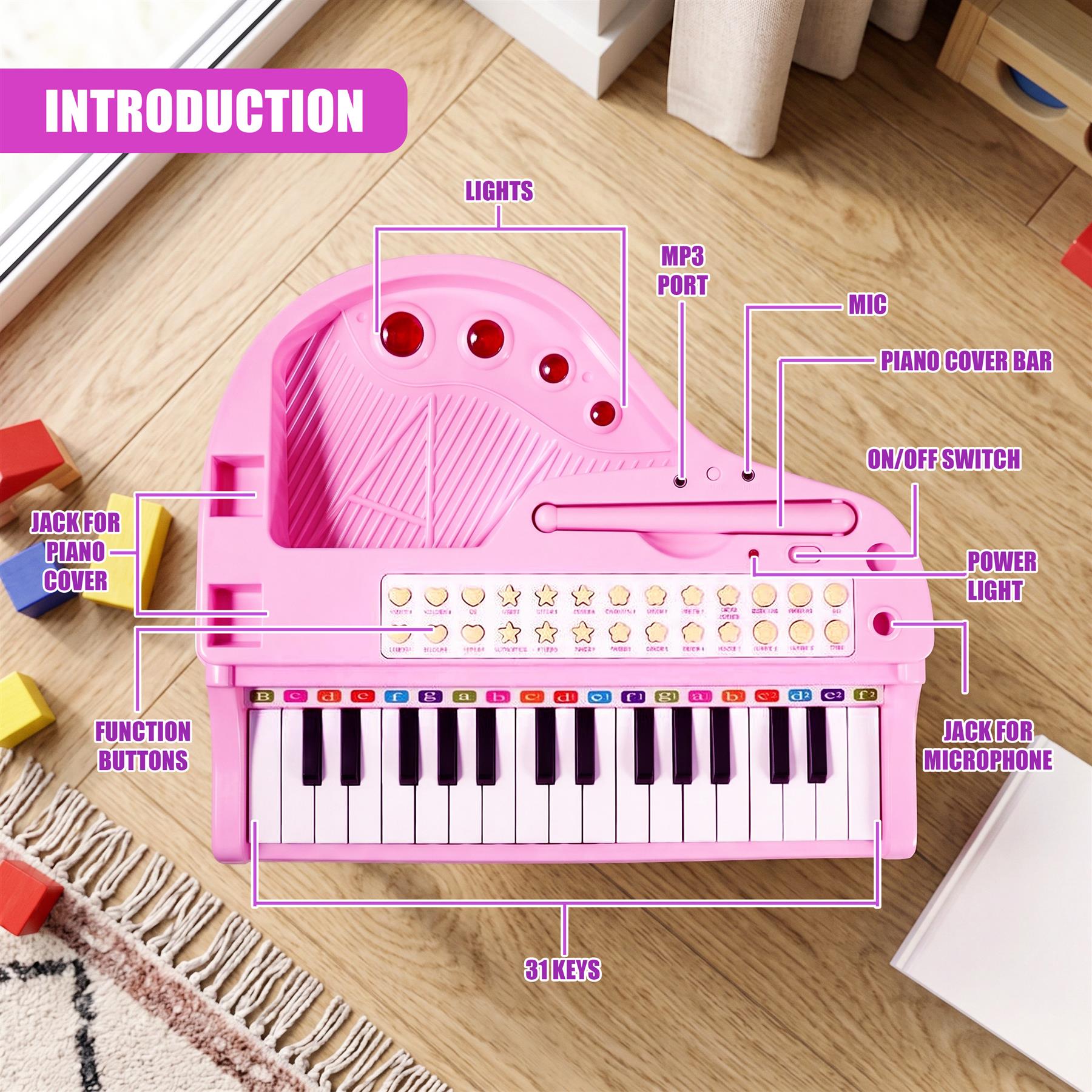 Pink Electronic Piano With Microphone and Stool