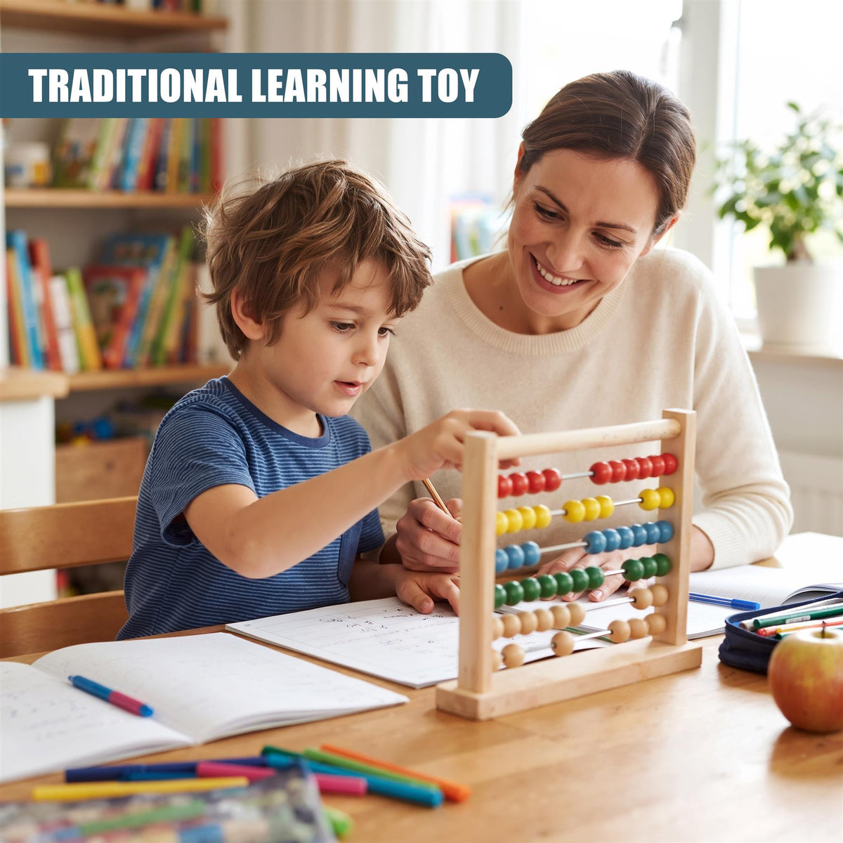 A young boy and his mother learn with a wooden abacus on a table in a bright room