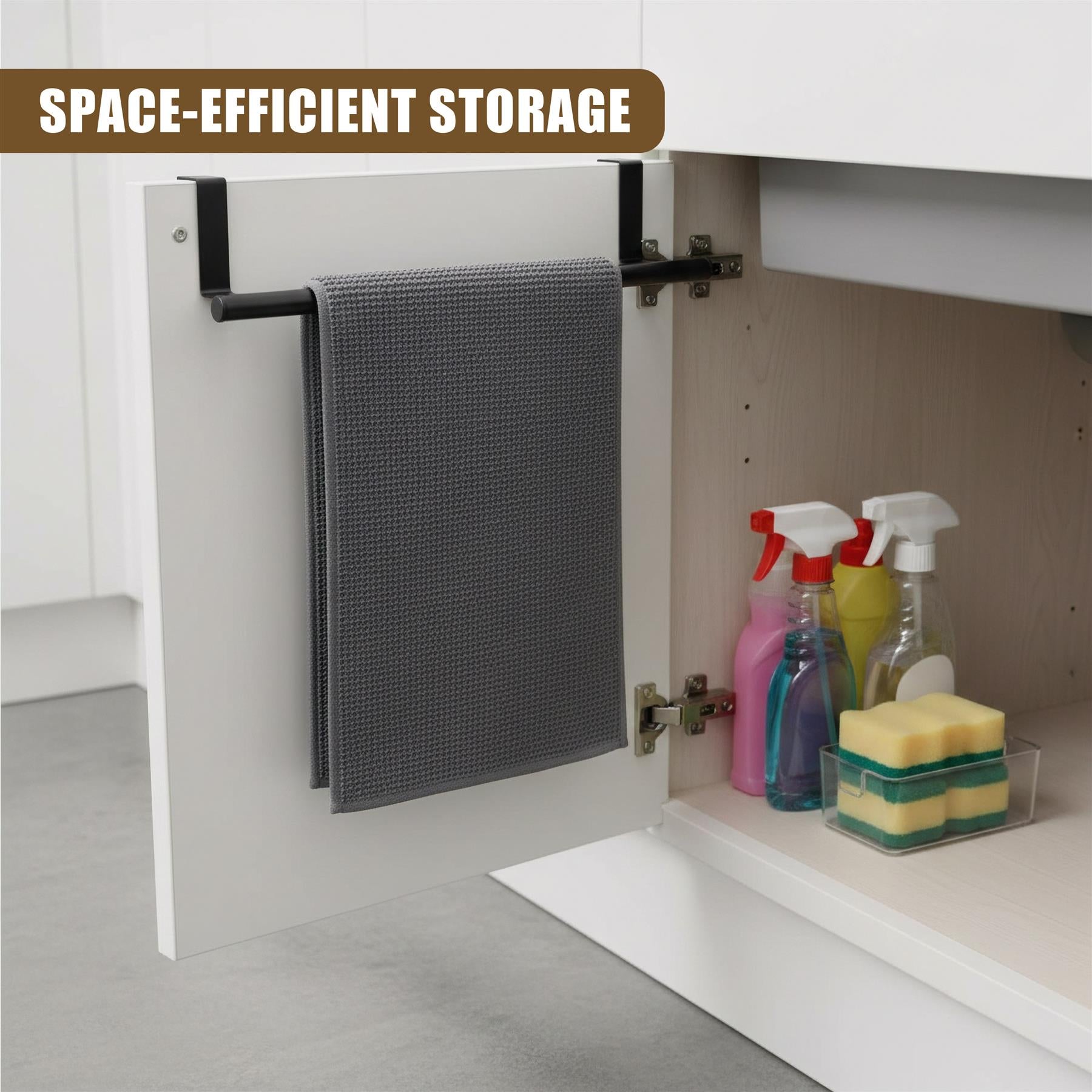 A door-mounted towel rail holds a gray towel above visible cleaning bottles and sponges.