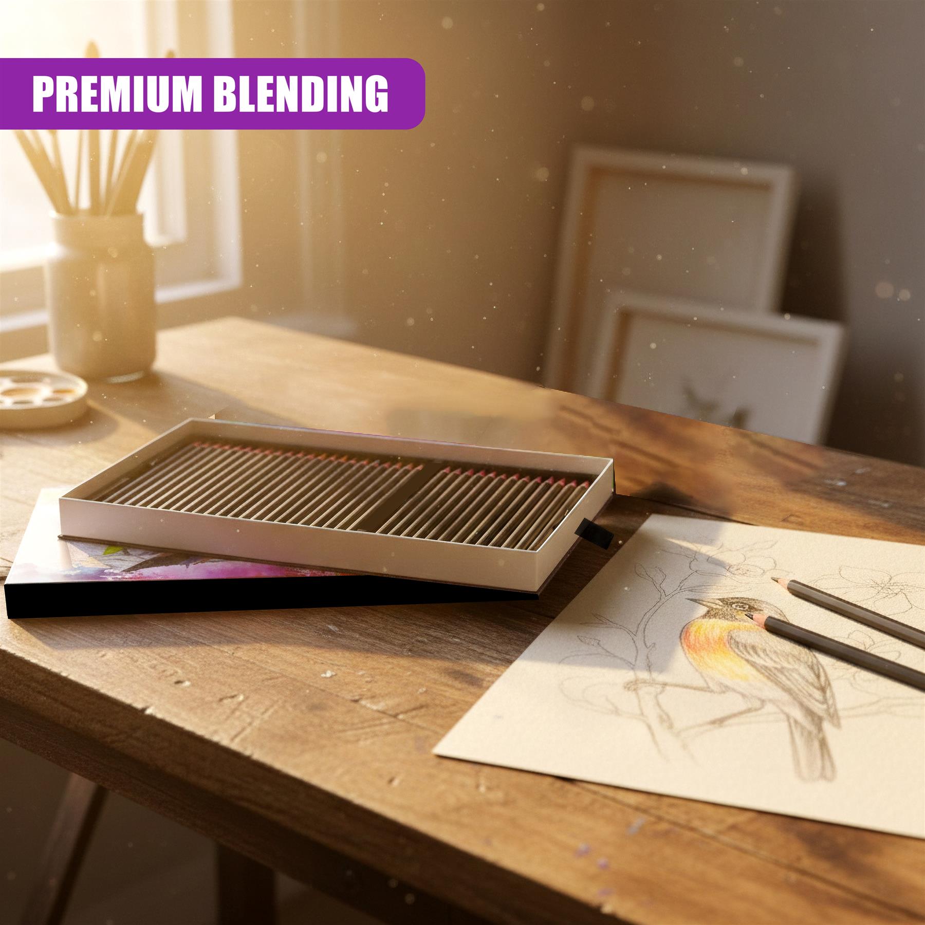 White case for pencils rests on a wooden table next to drawing paper with a bird sketch.