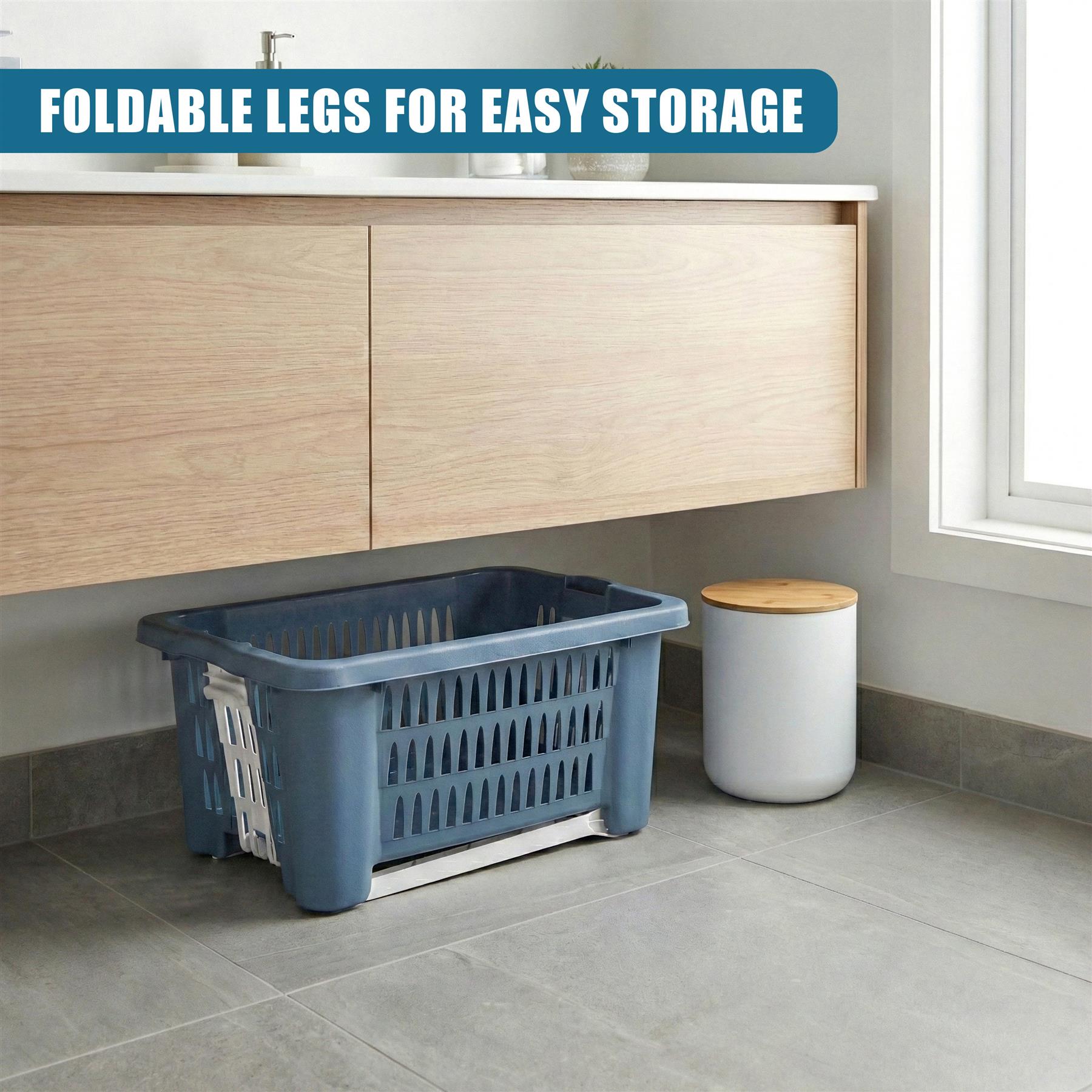 Rectangular blue laundry basket featuring removable legs for easy floor storage.