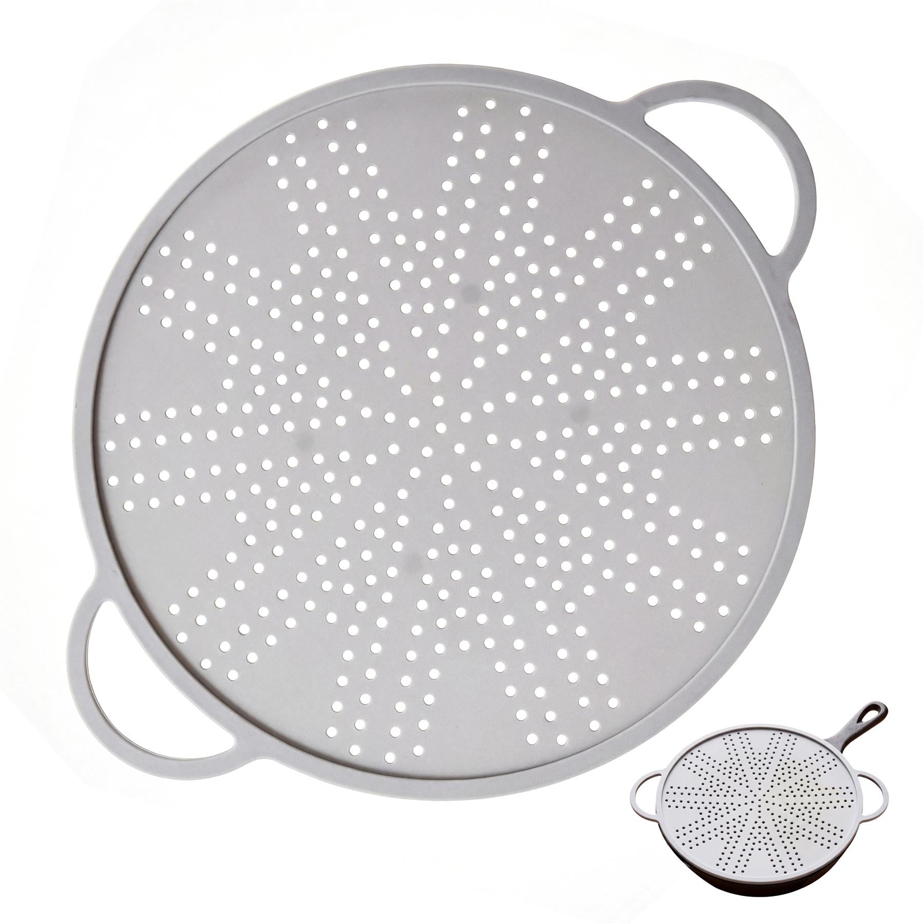 Large white silicone strainer with handle, displayed next to a smaller circular perforated steamer piece.
