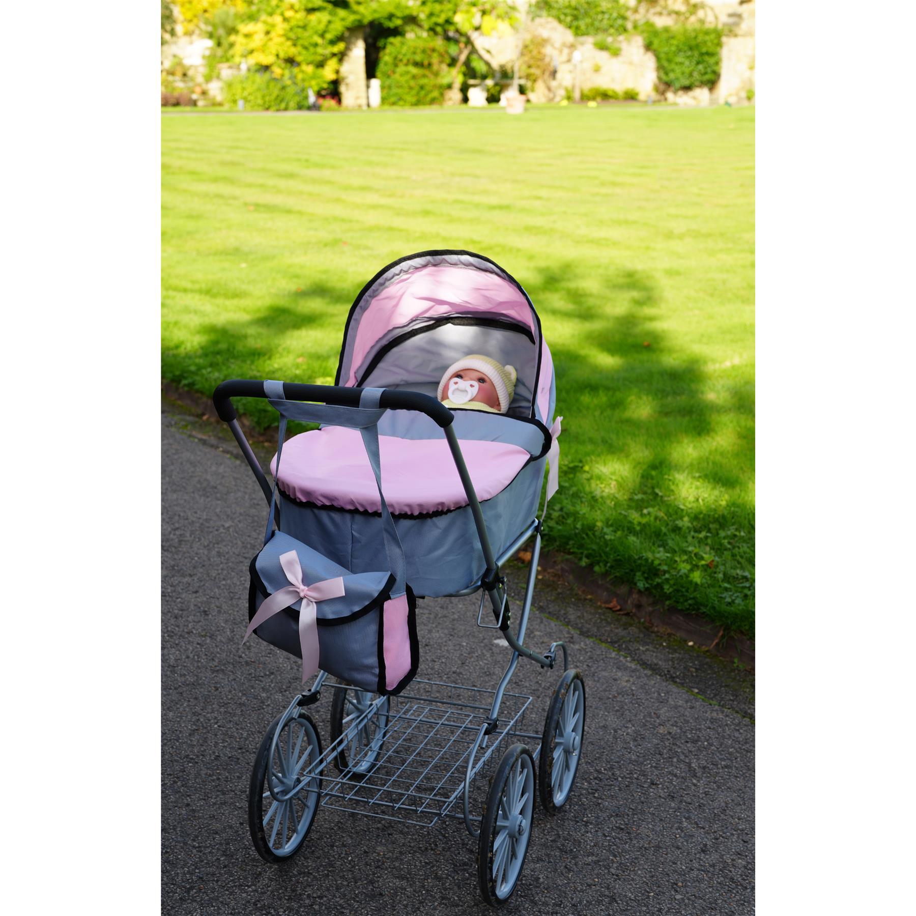 Pink and Grey Vintage Cambridge Doll Pram by BiBi Doll - The Magic Toy Shop