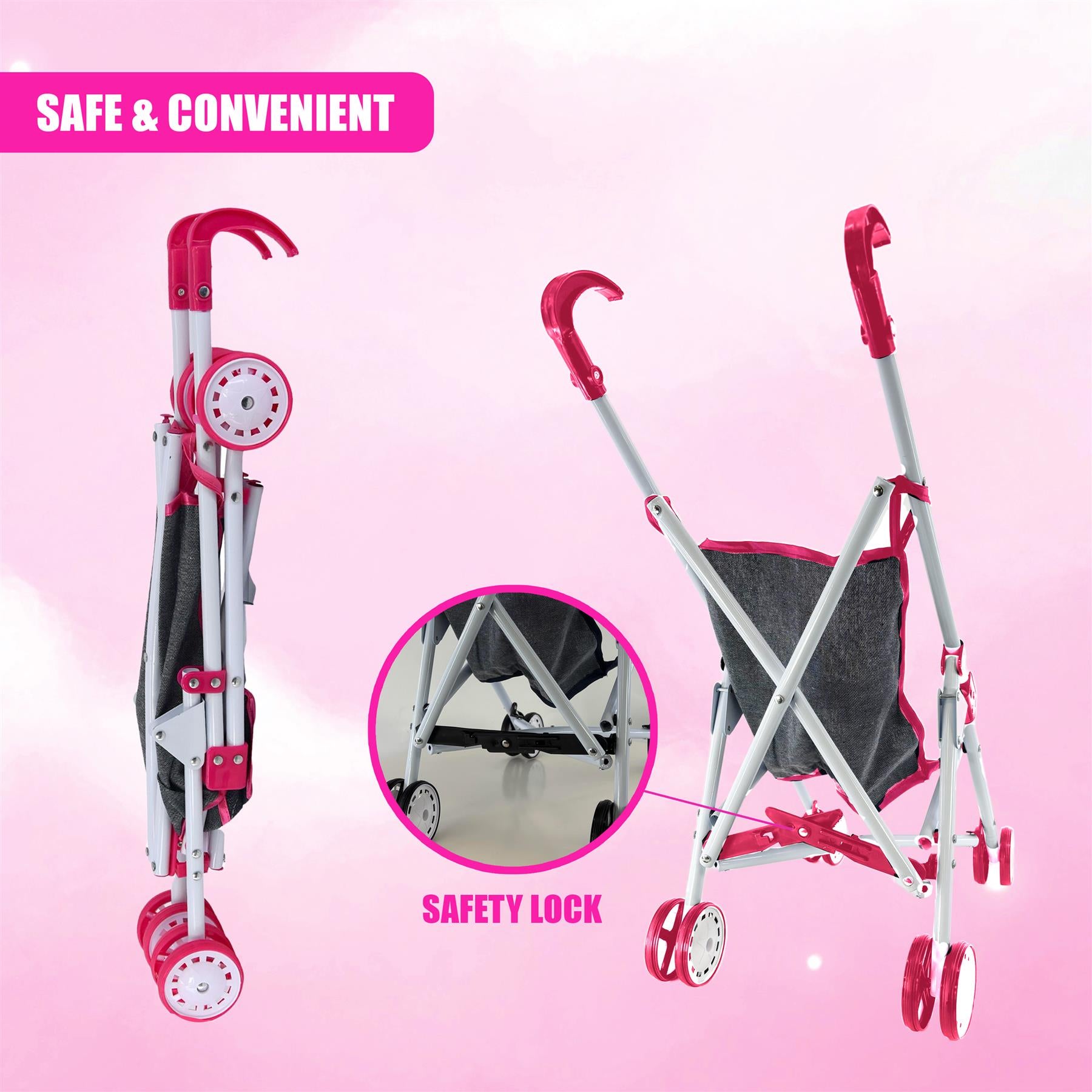 Pink Baby Doll Foldable Stroller by BiBi Doll - The Magic Toy Shop