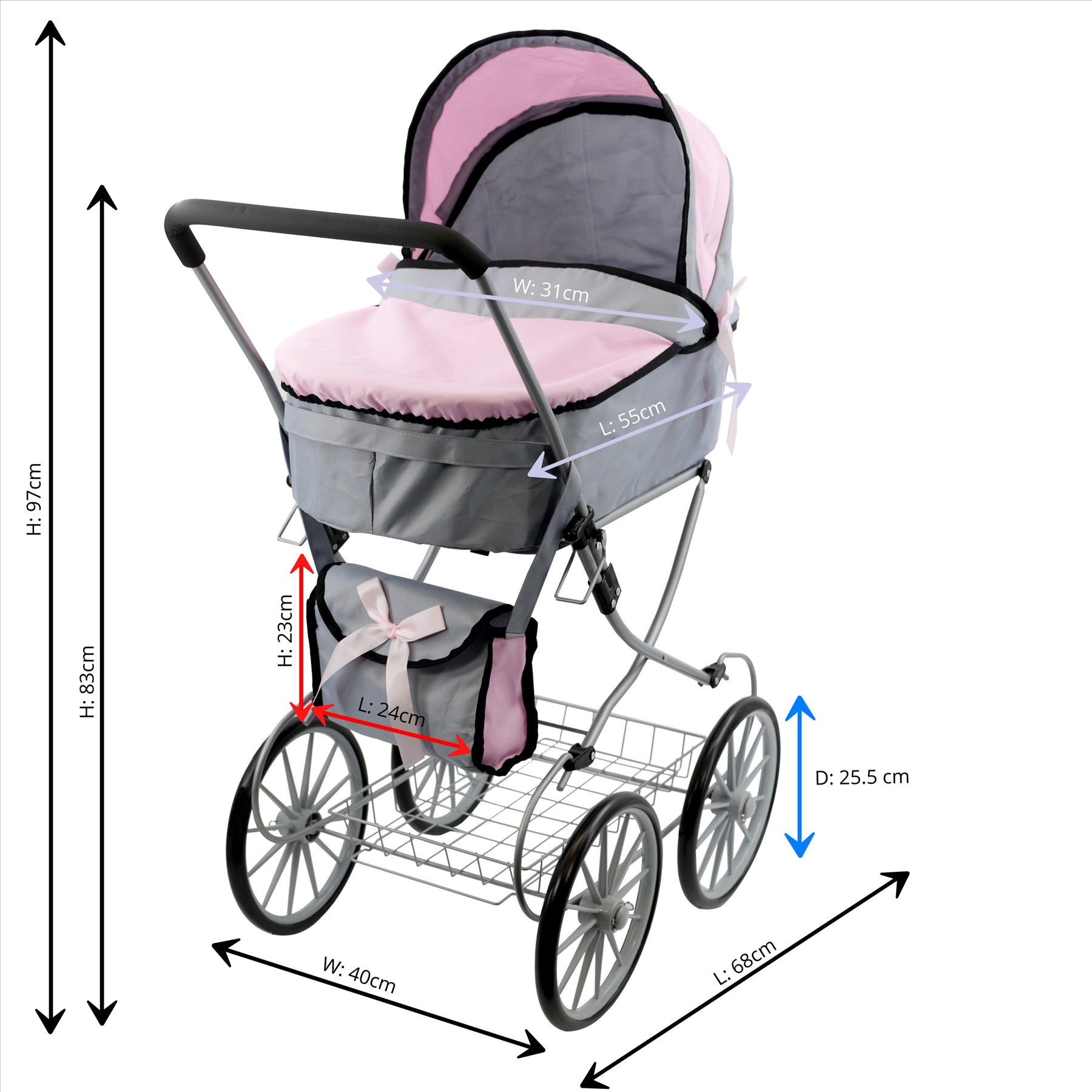 Pink and Grey Vintage Cambridge Doll Pram by BiBi Doll - The Magic Toy Shop