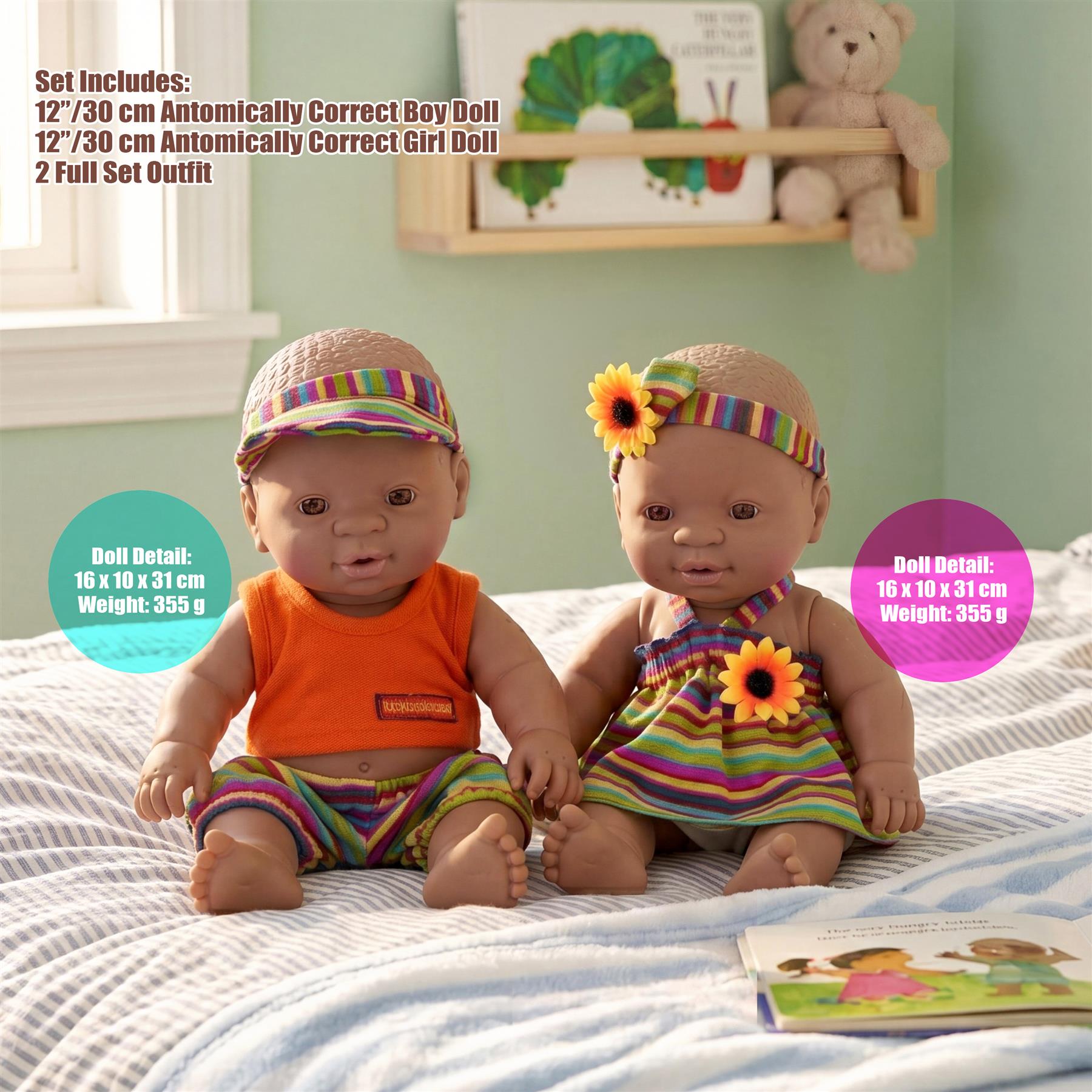 Black twin dolls with long hair and clothes; sold in a set of two figures.