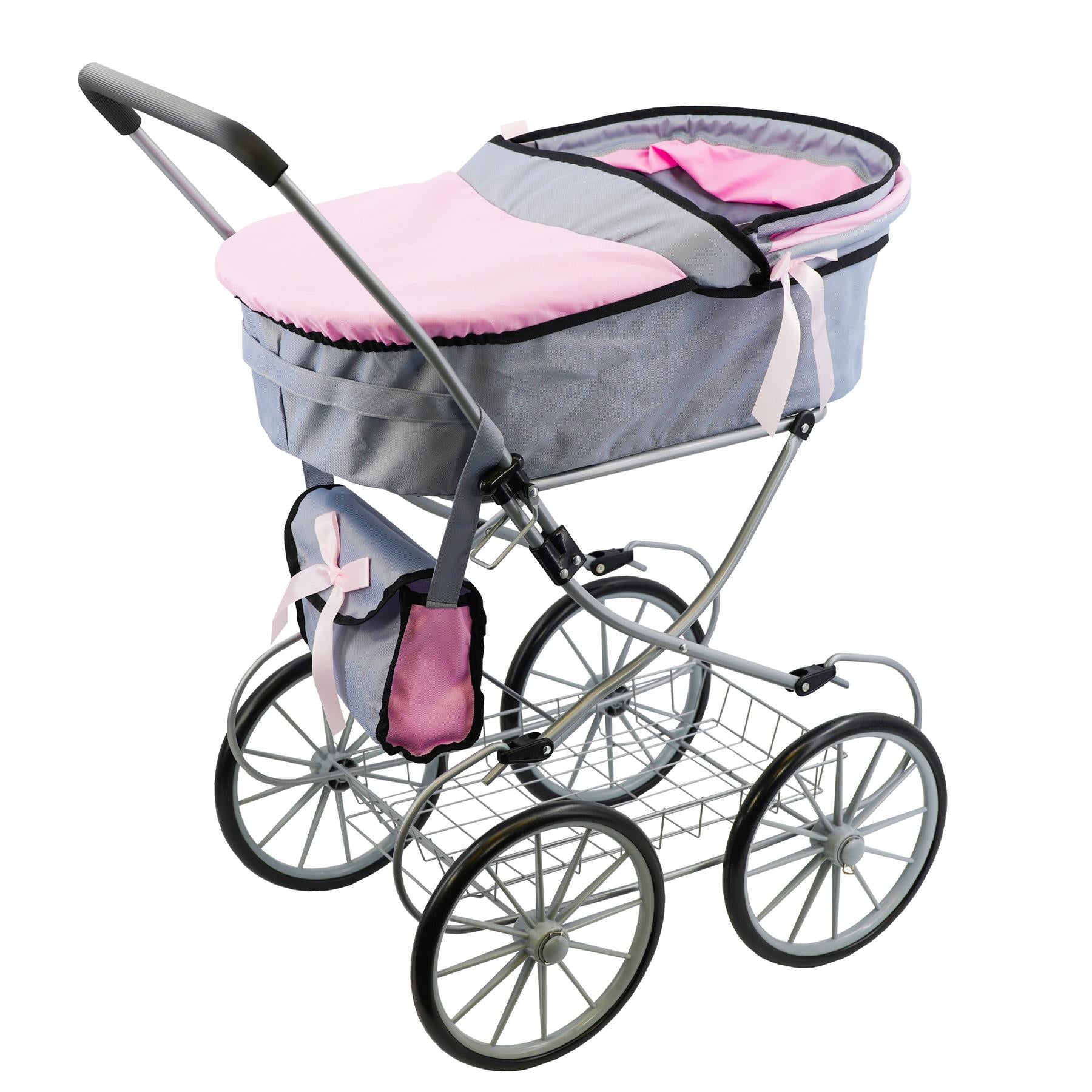 Pink and Grey Vintage Cambridge Doll Pram by BiBi Doll - The Magic Toy Shop
