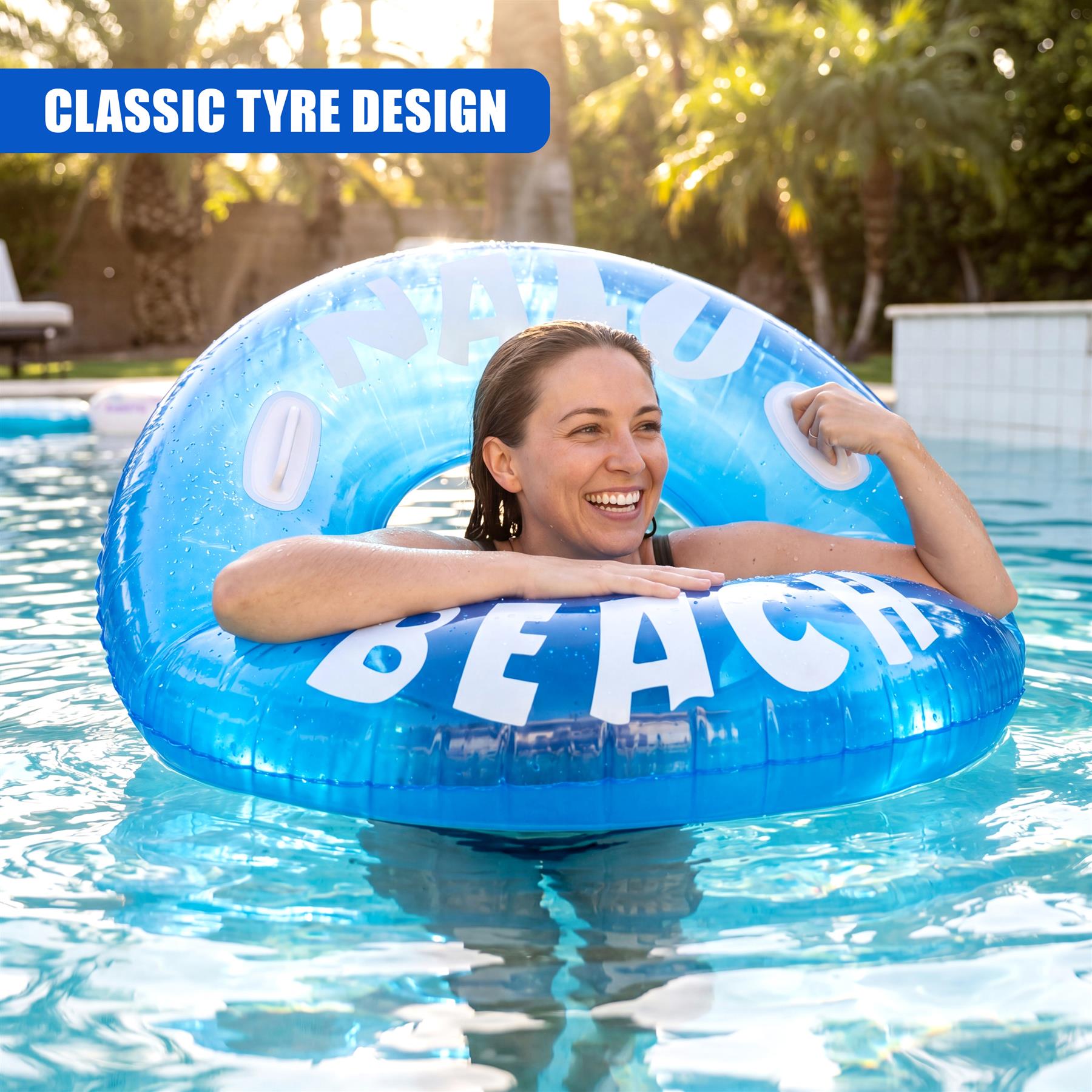 Woman floats in pool with blue inflatable ring that reads "ONAD BEACH".