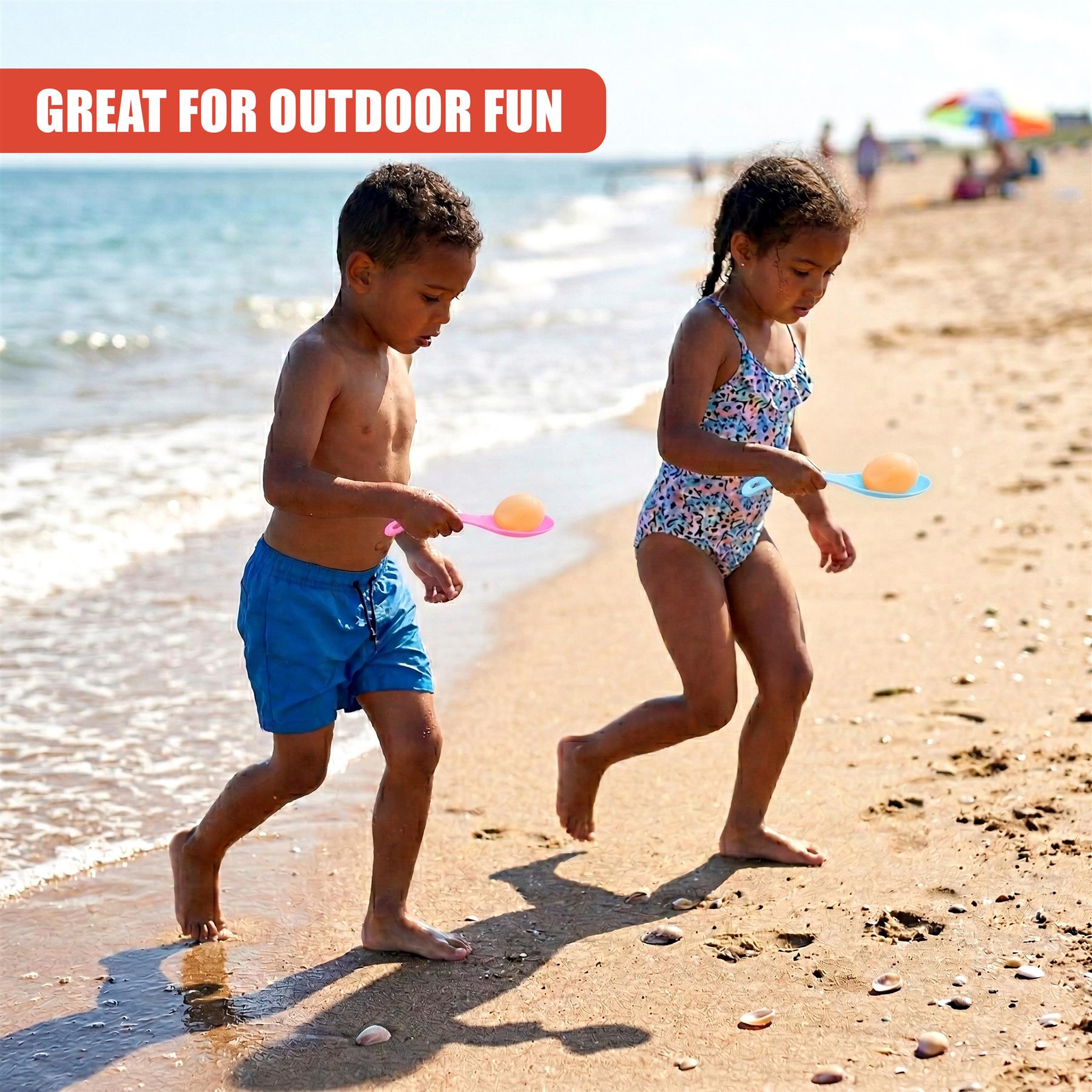 Two children race on the sand, each holding a spoon with an egg for a beach game.