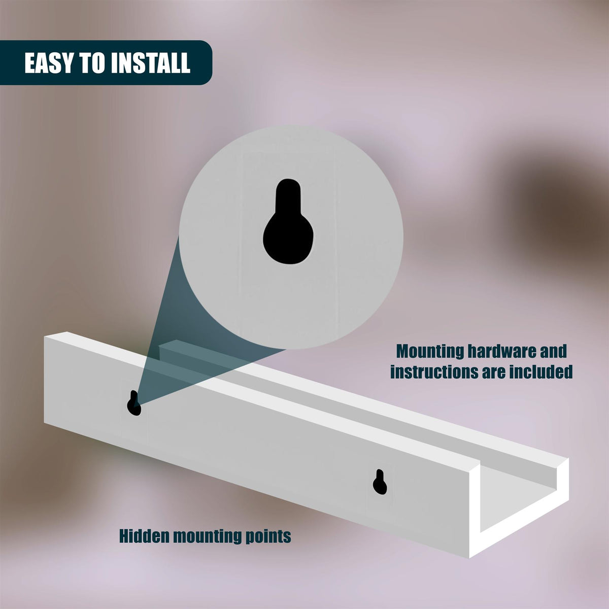 GEEZY white floating shelf set with hidden mounting points for easy wall installation
