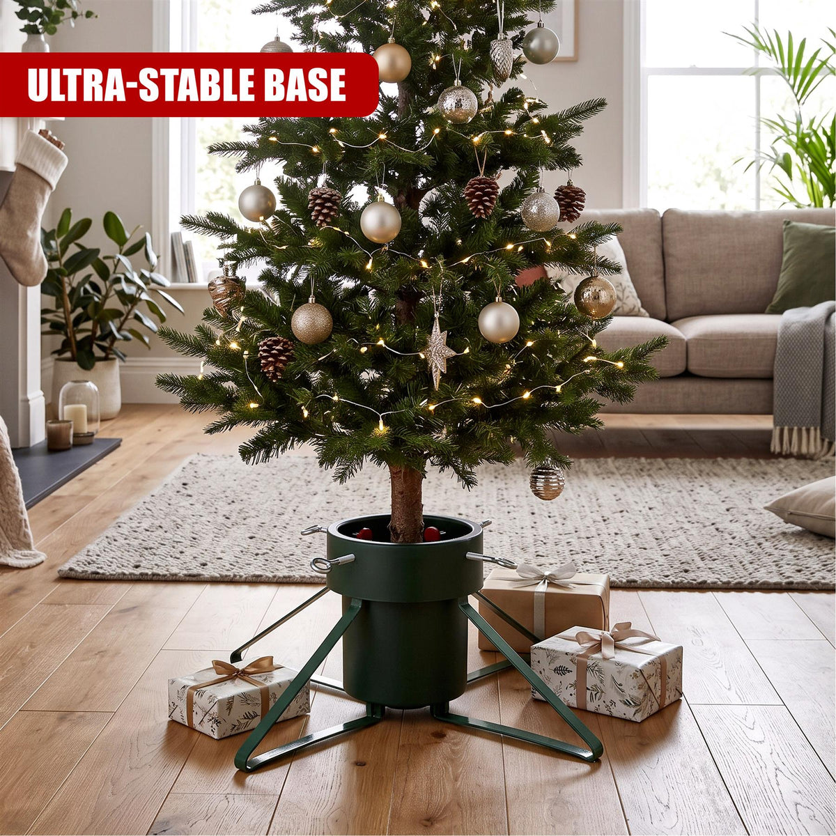 Metal GEEZY Christmas tree stand with decorations, sitting on a wooden floor in a cosy living room