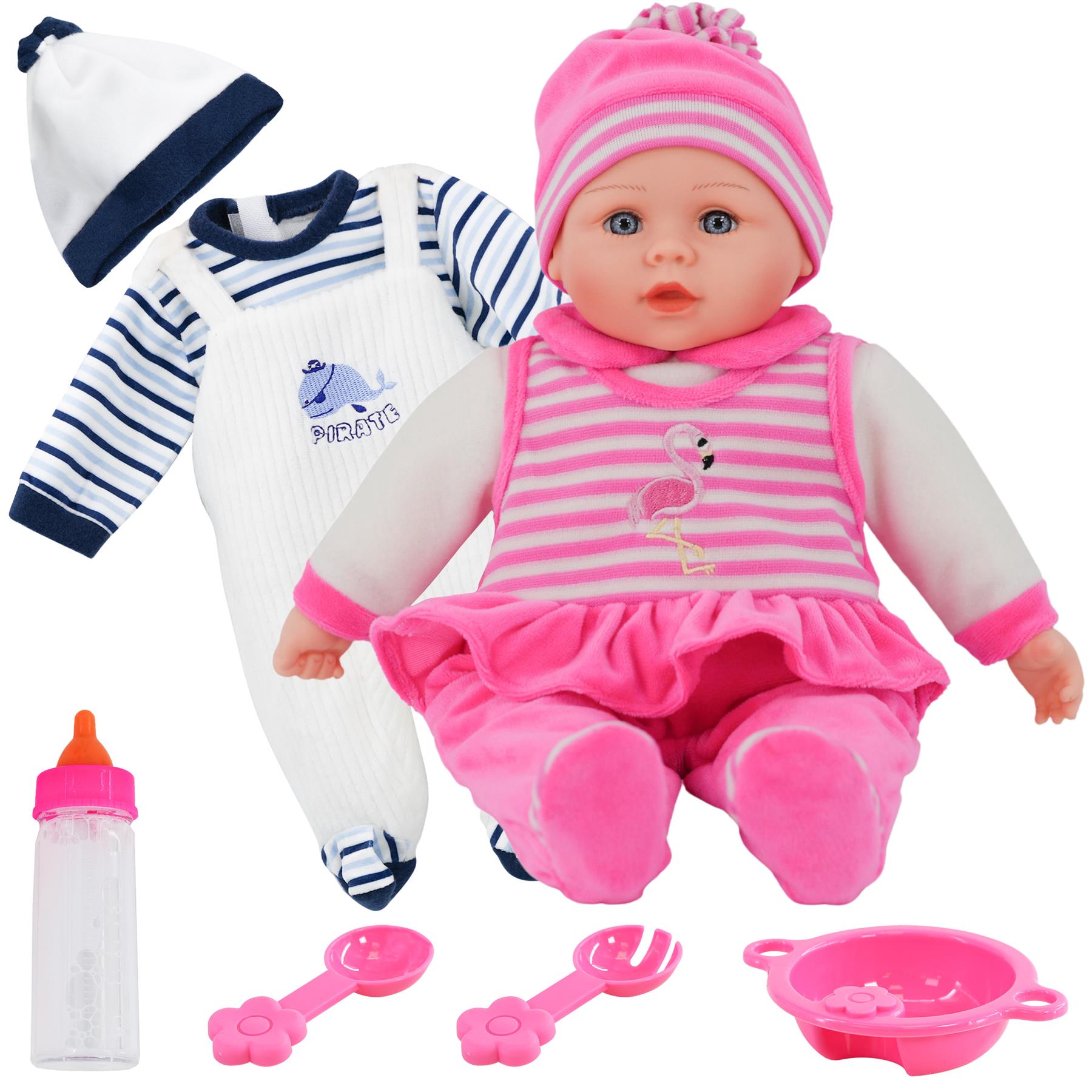 BiBi Doll 16" Doll With Extra Outfit ,Feeding Set & Magic Bottle 16” Baby Girl Doll With Extra Boy Outfit,Sounds,Feeding Set & Magic Bottle