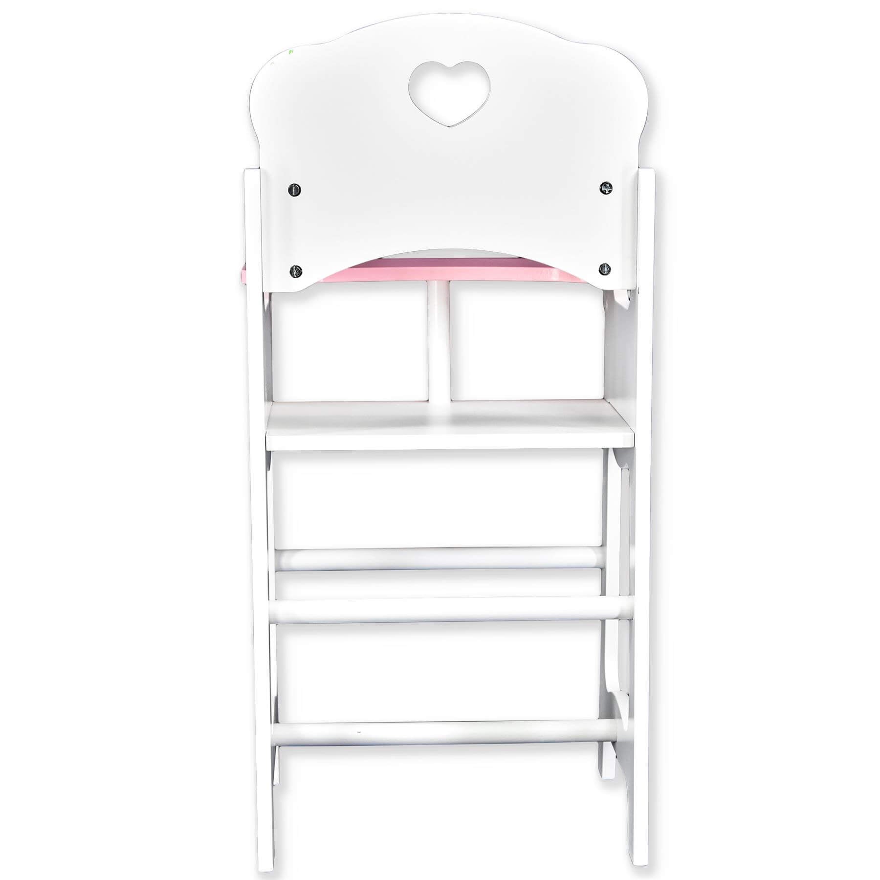 "High chair with white metal frame and pink cushion, heart-shaped cutout in backrest." - The Magic Toy Shop