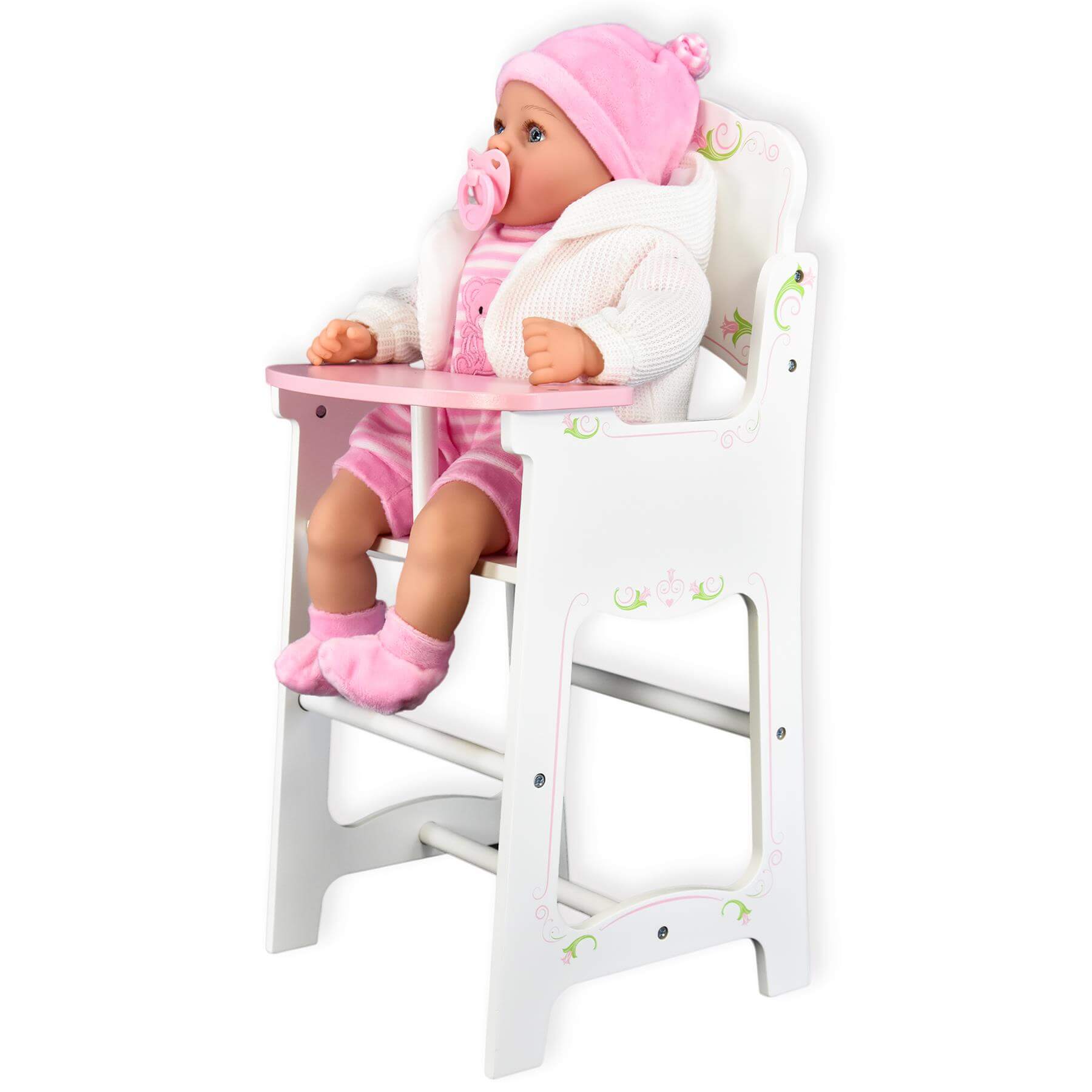 "Wooden high chair with baby doll. Adorable pink and white doll sitting in it." - The Magic Toy Shop