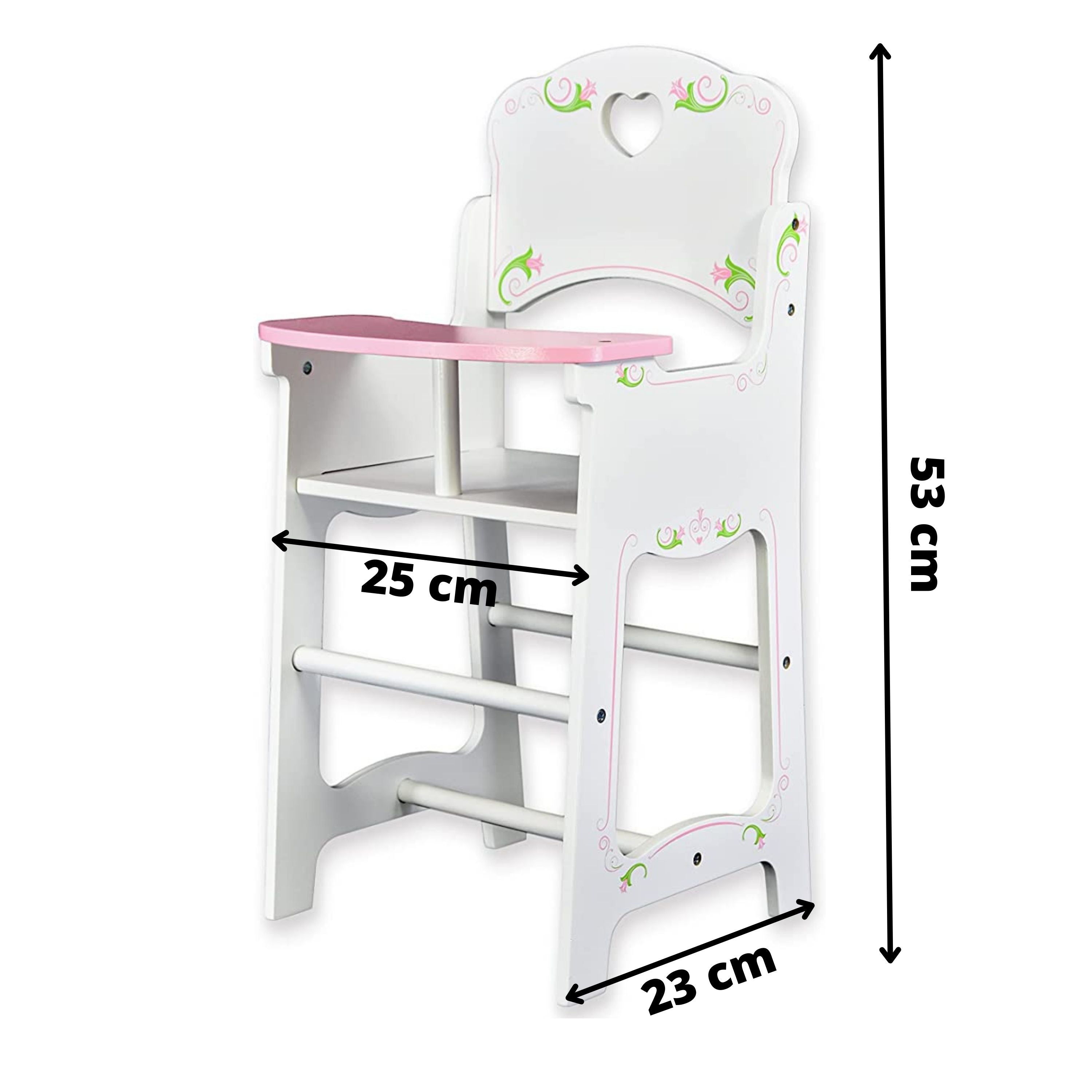 "A small, pink and white children's high chair with a seat that measures 30 inches wide, 40 inches long, and 56 inches tall." - The Magic Toy Shop
