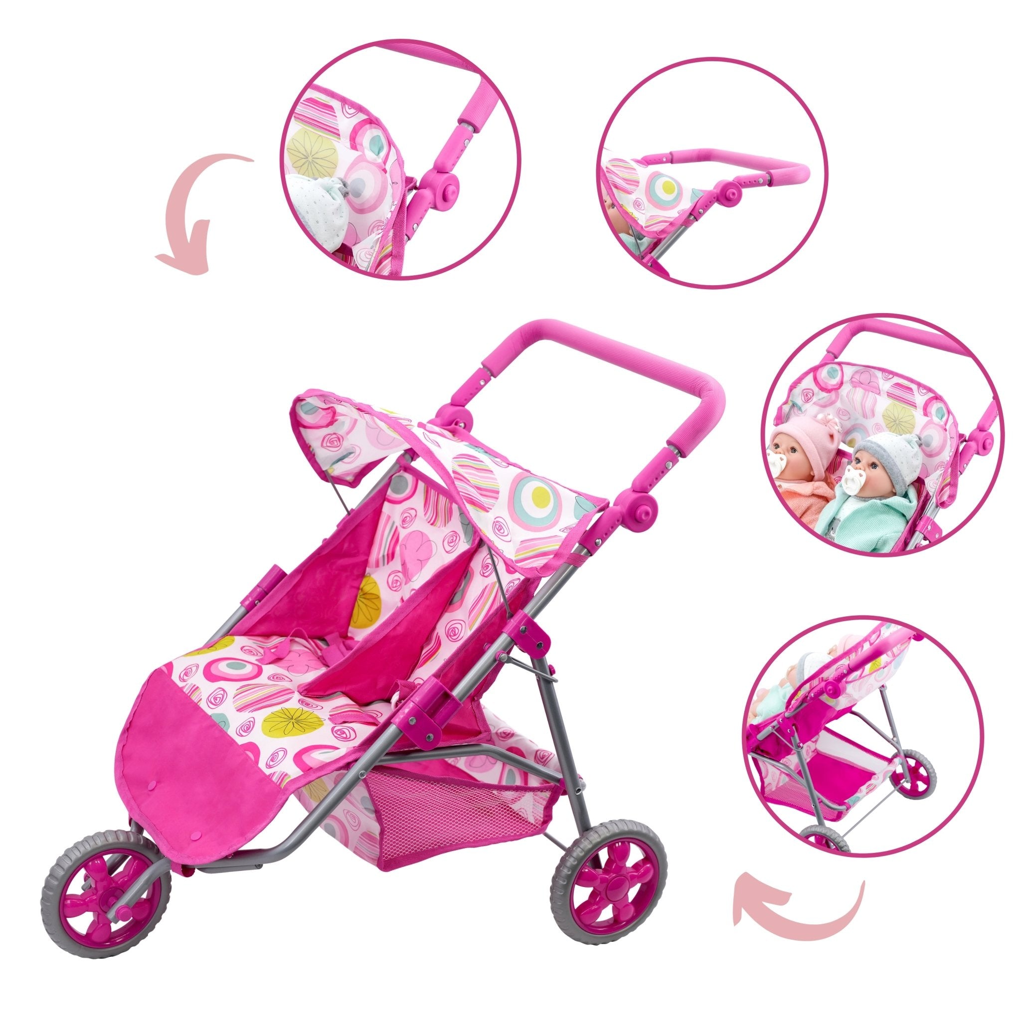Pink doll stroller with two seats, three wheels, and a curved handle; includes multiple view details.