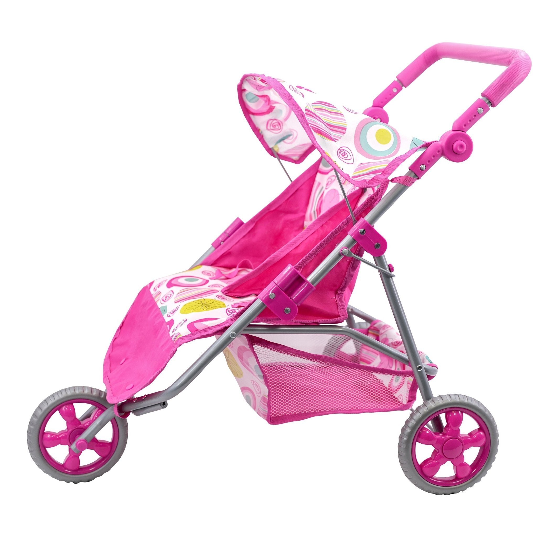 Pink, three-wheeled pushchair designed for dolls, featuring twin seats, a basket, and a handle.