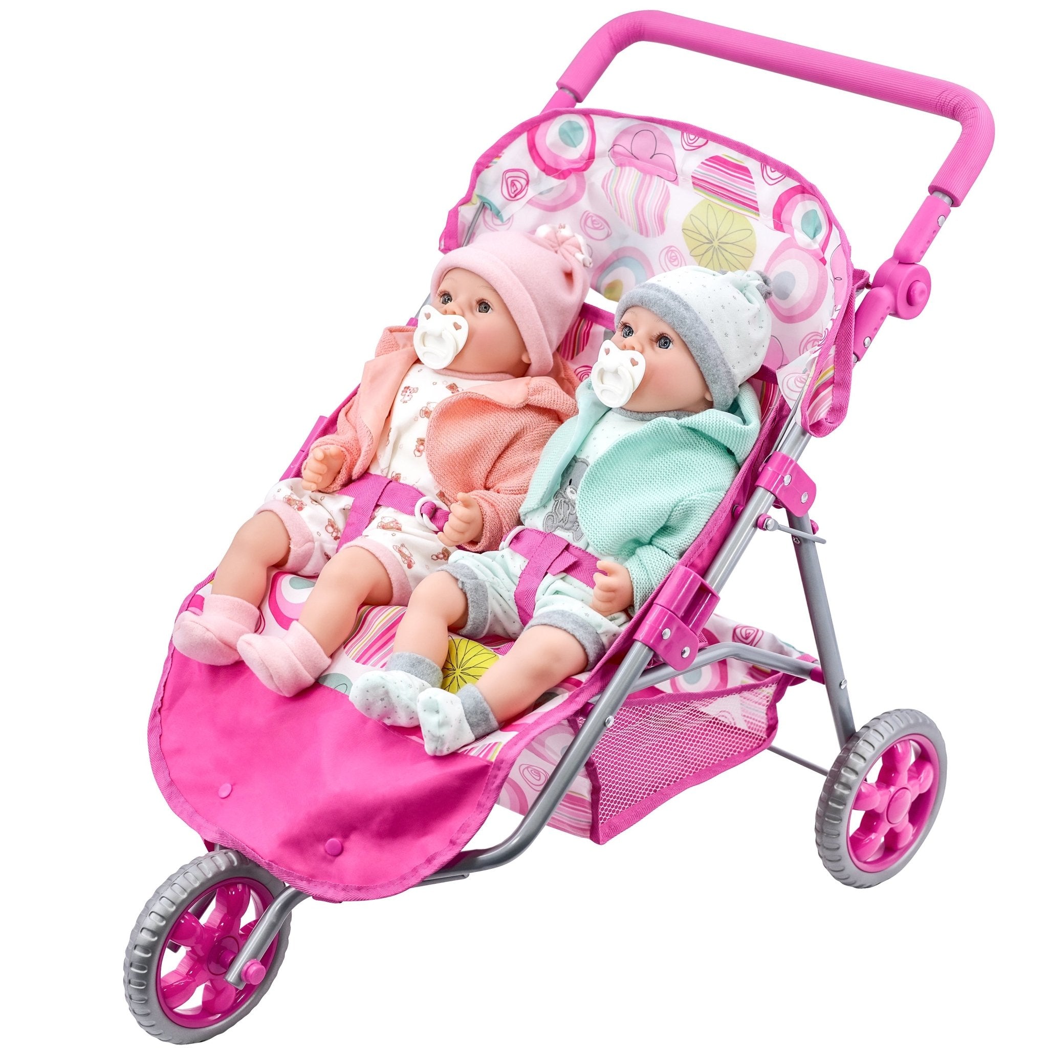 Pink doll stroller with two dolls, featuring a canopy and twin seating area.