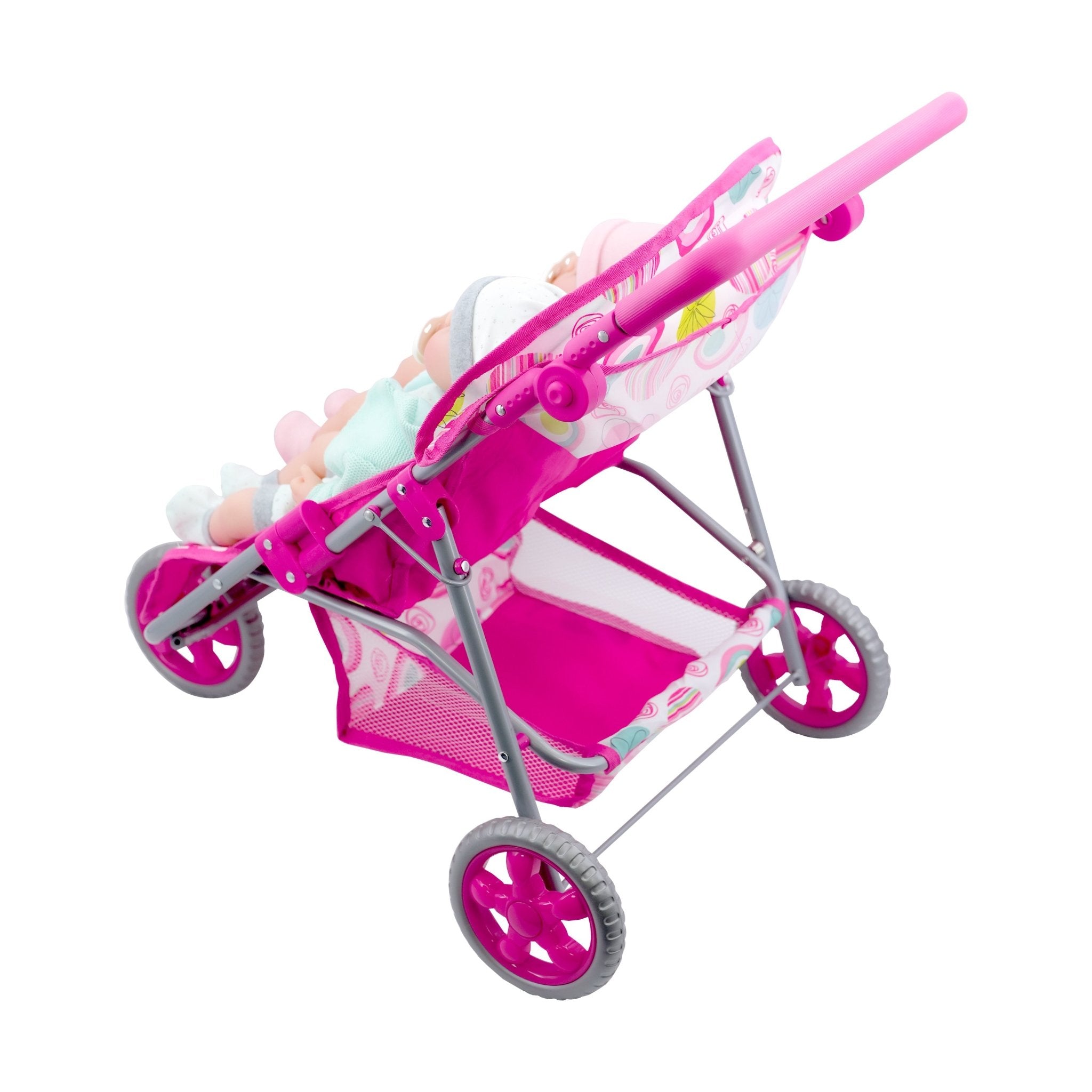 Pink twin doll pushchair with canopy, two seating areas, and foldable metal frame.