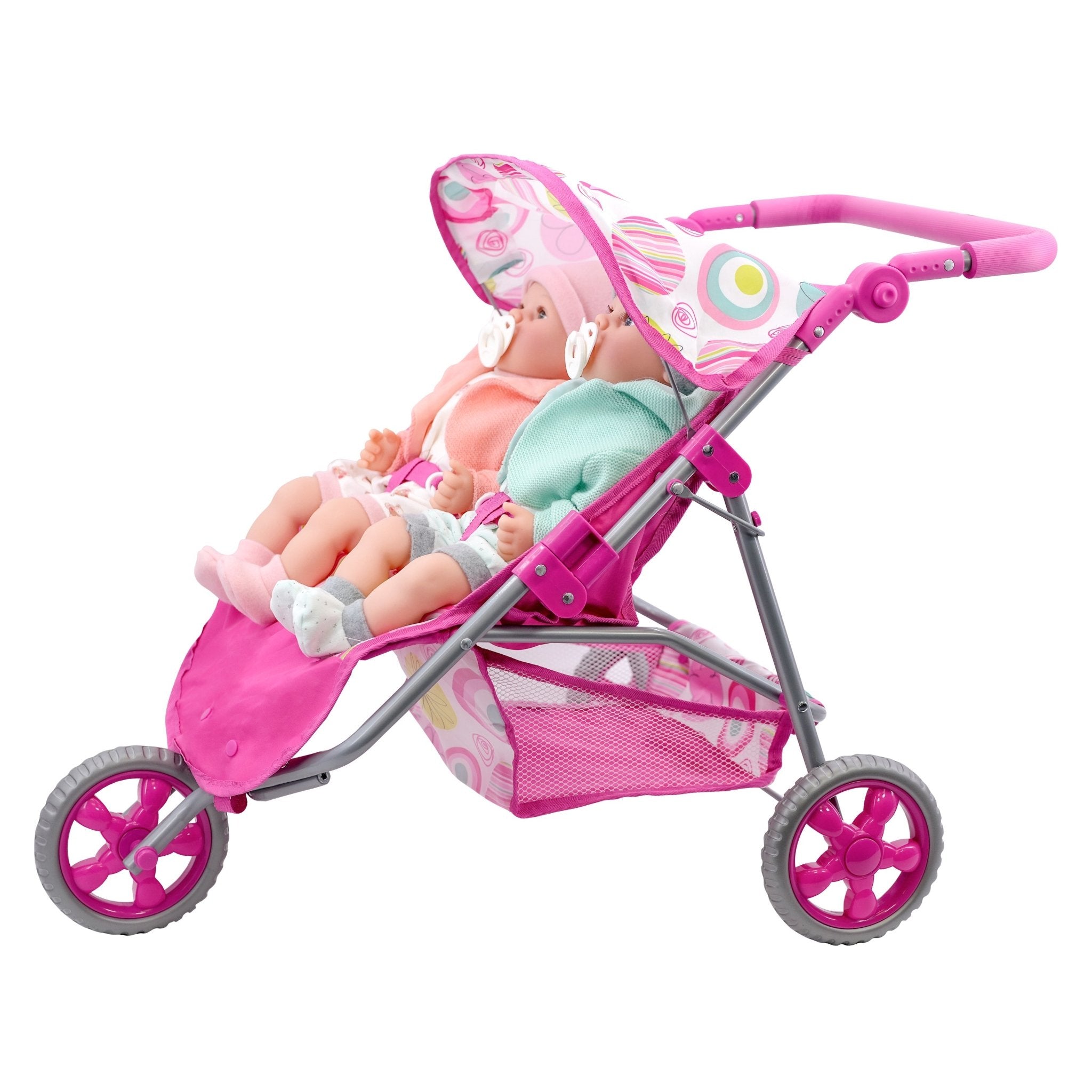 Pink three-wheeled doll pushchair holds two dolls, one in pink, one in light blue.