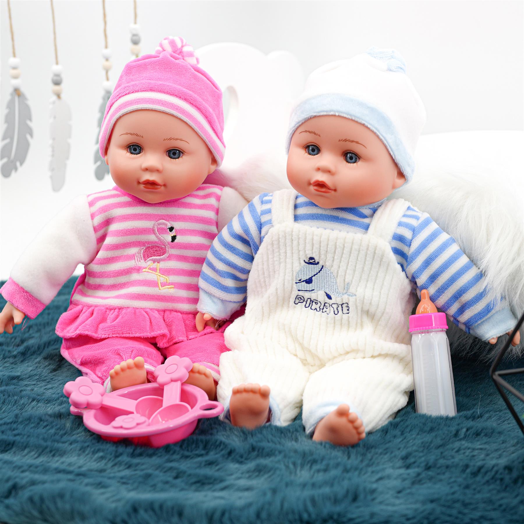 BiBi Doll Baby Dolls 13” Twin Dolls Set With Sounds, Feeding Set & Magic Bottle
