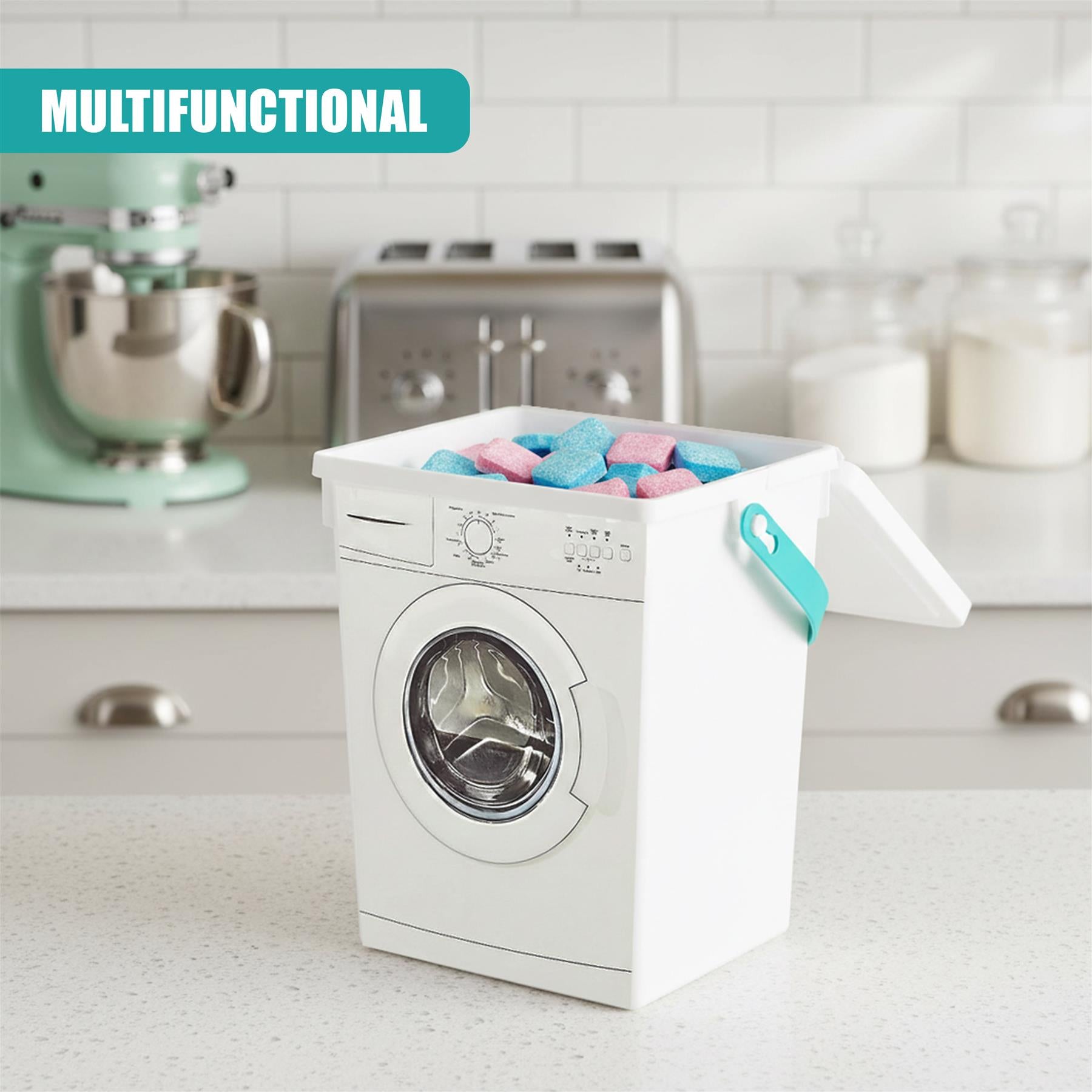 Open white dispenser container styled as a washing machine, filled with colorful laundry pods.