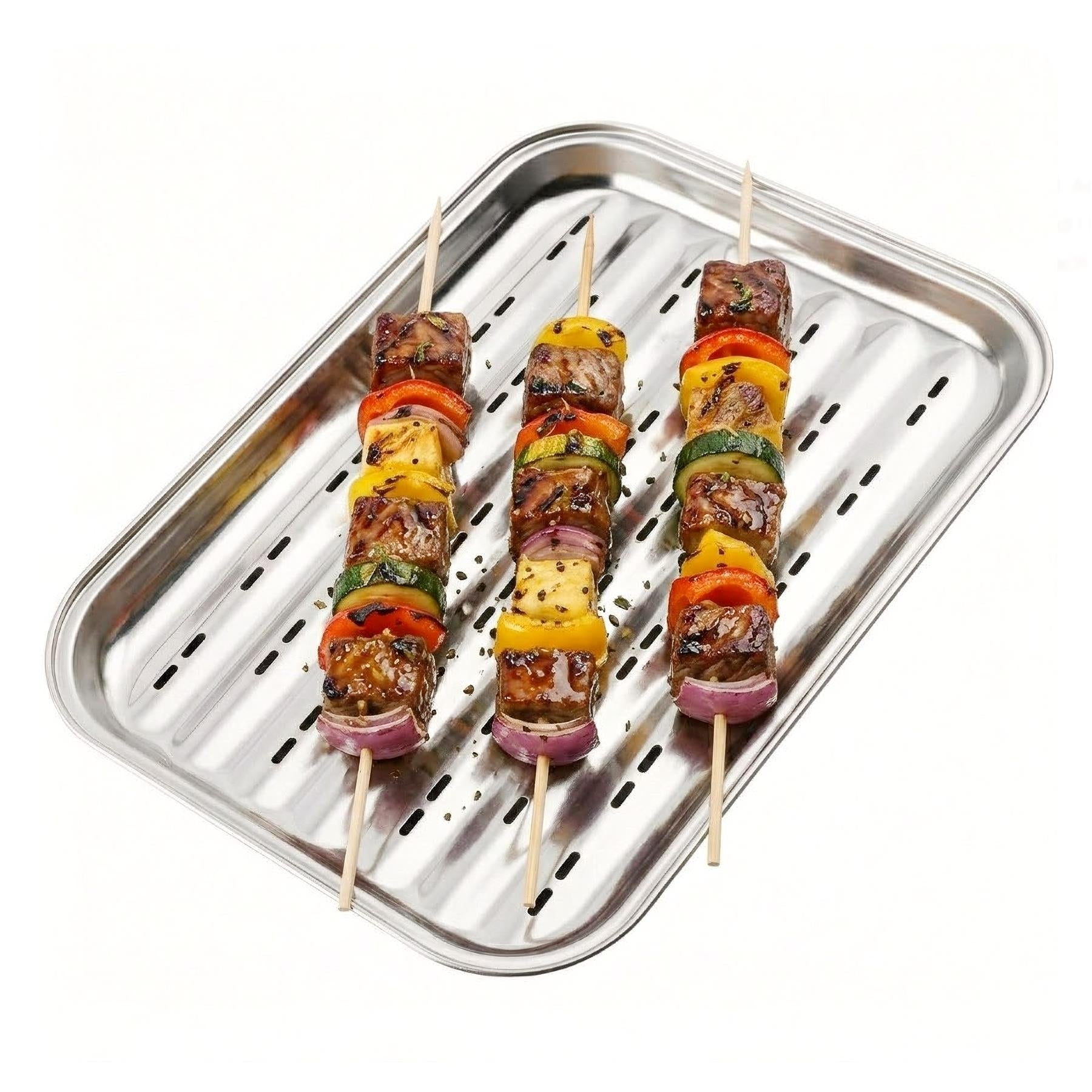 Metal grill tray holding several wooden skewers with grilled vegetables and meat.