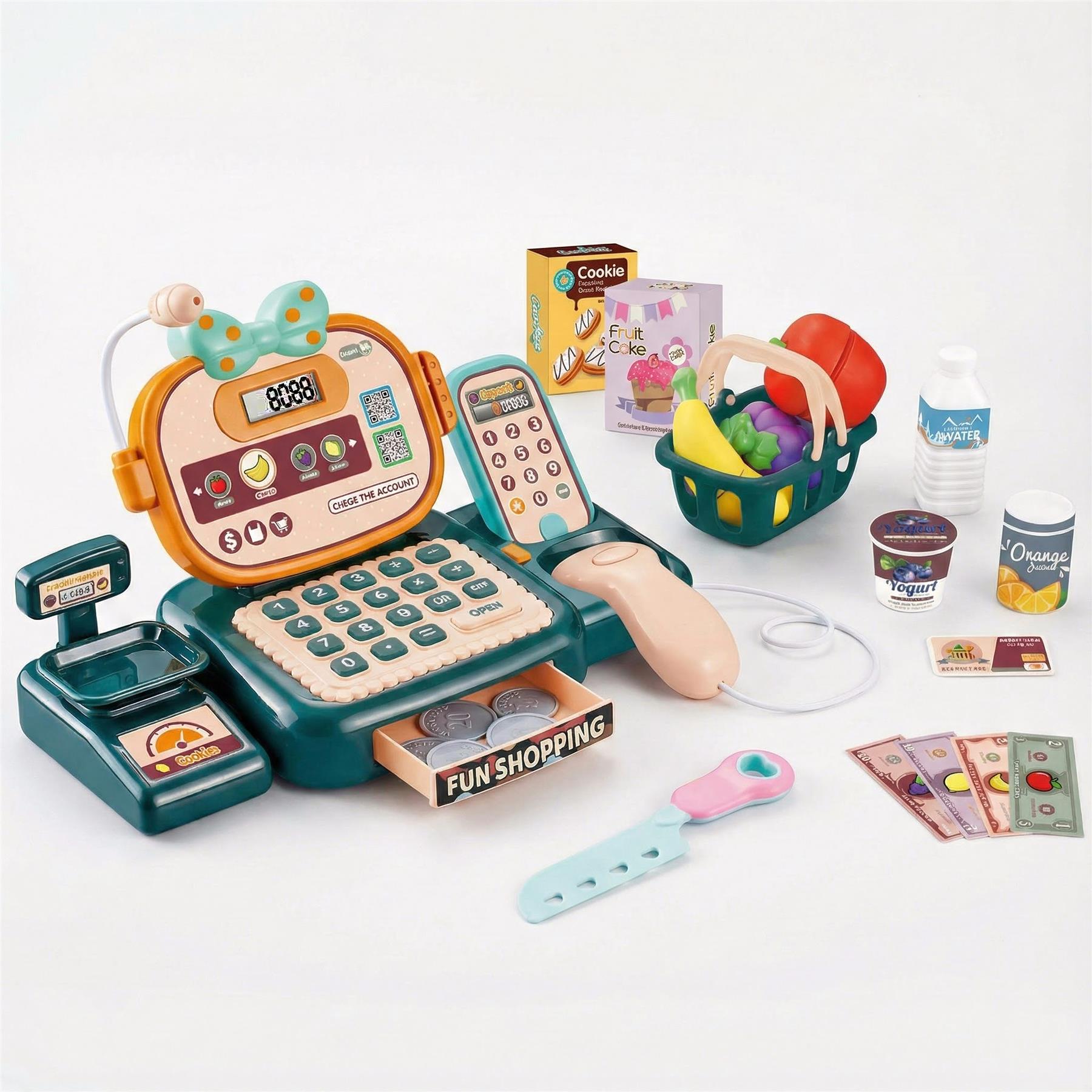 A toy cash register with a built-in scanner, a toy smartphone, and a toy shopping basket with play food and money. - The Magic Toy Shop