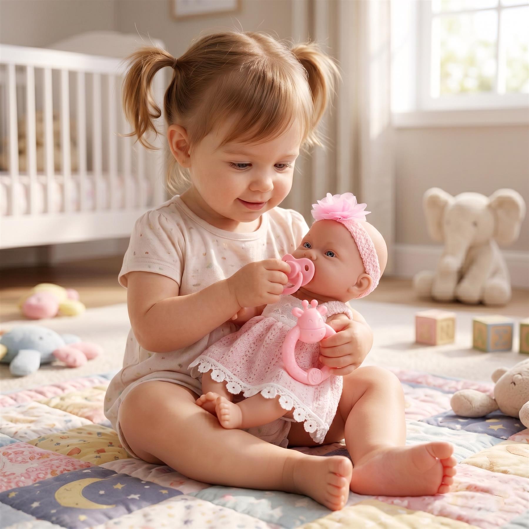 Girl holding a pink doll and pacifier while seated on a patterned blanket in a home setting.
