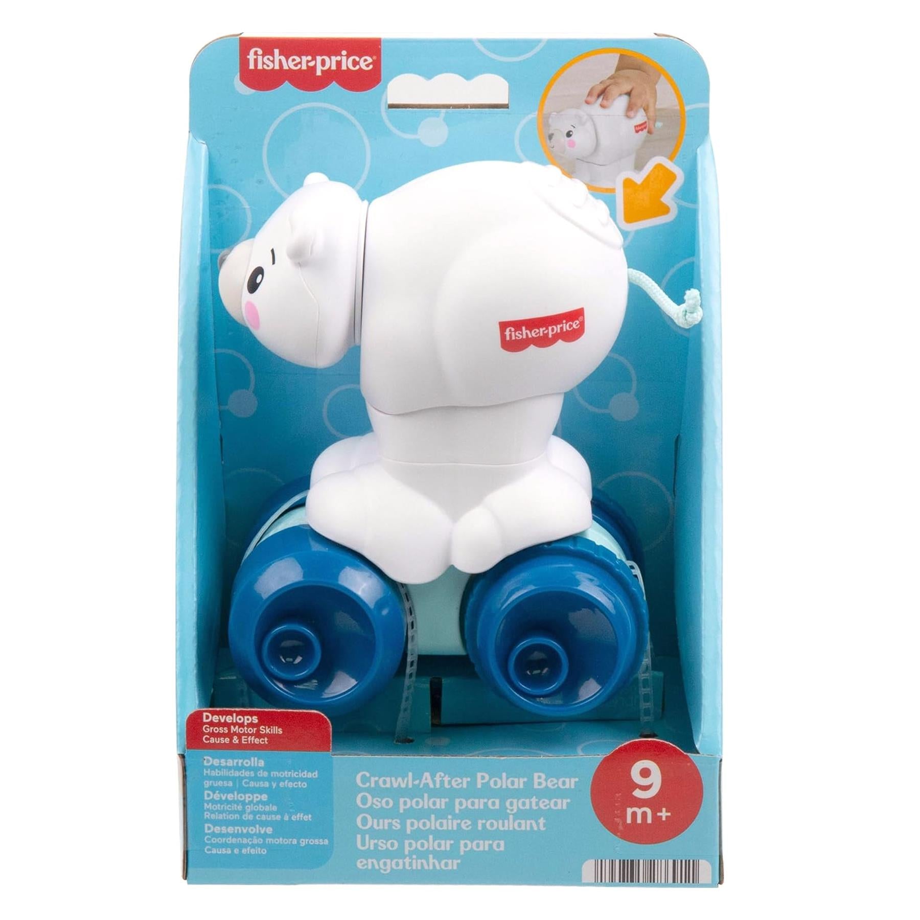White polar bear toy with blue wheels in a blue and red Fisher-Price product package.