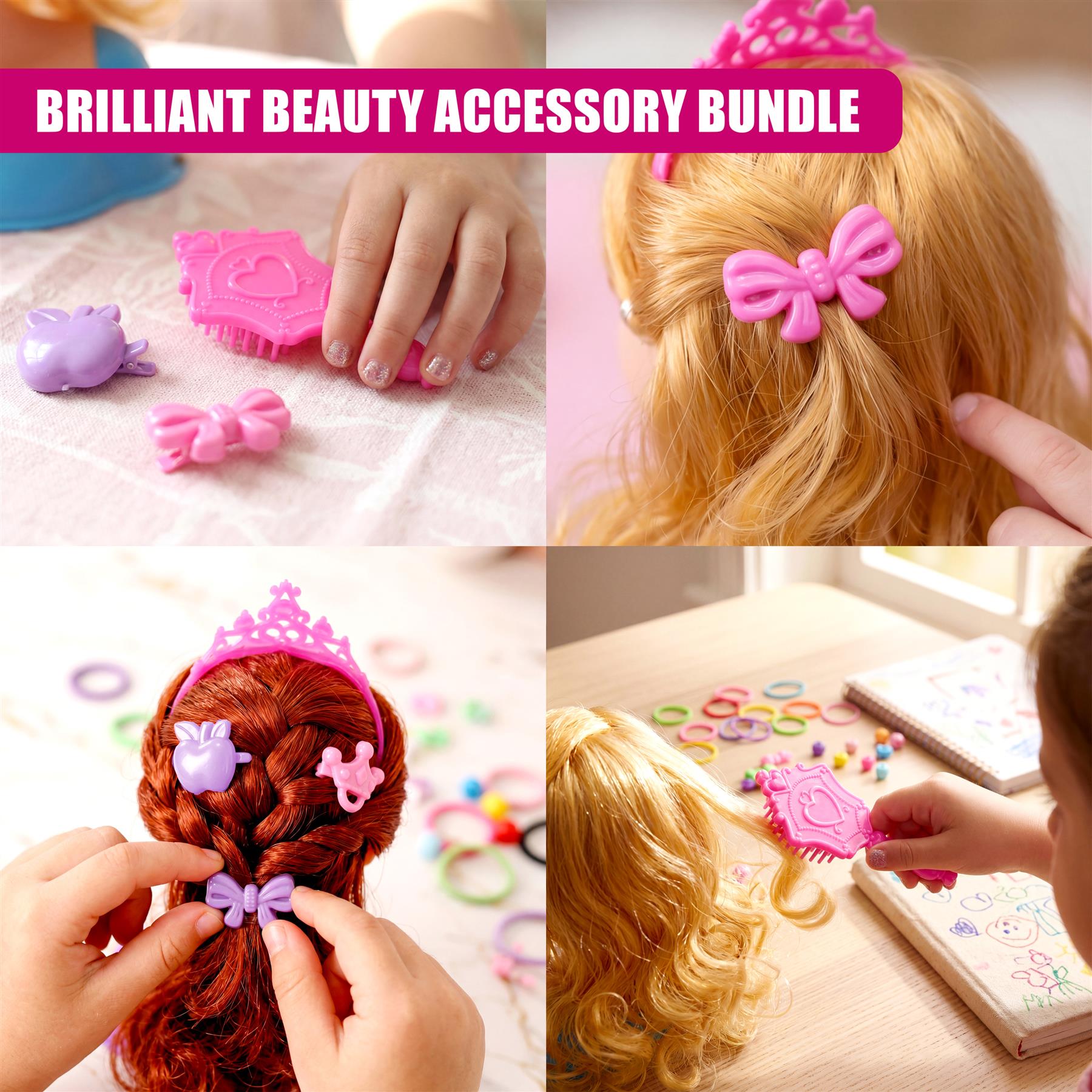 Multiple accessories, combs, and clips are used to style doll hair in various colors and styles.