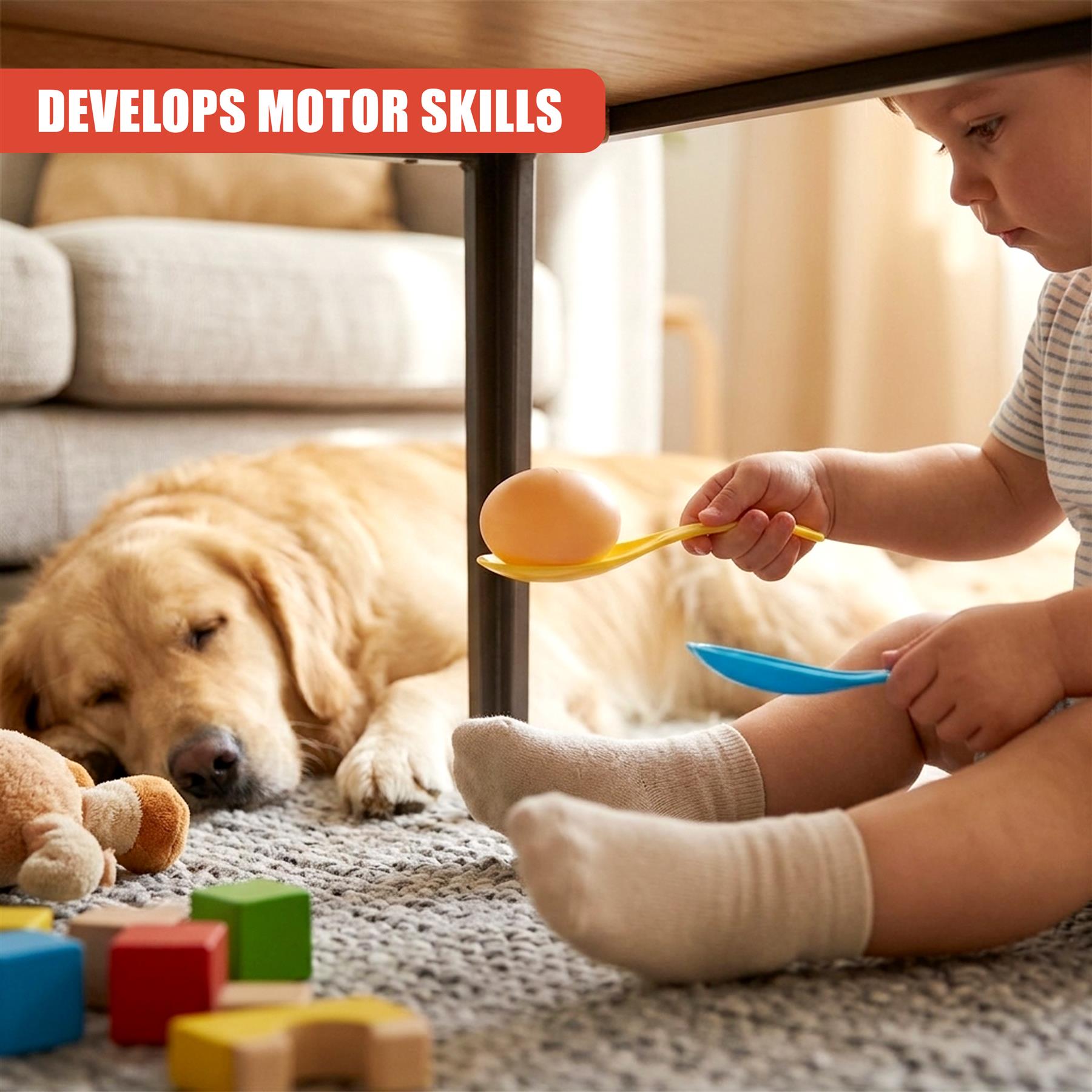 A baby holds a yellow spoon near an egg while playing with a blue spoon, next to a dog.