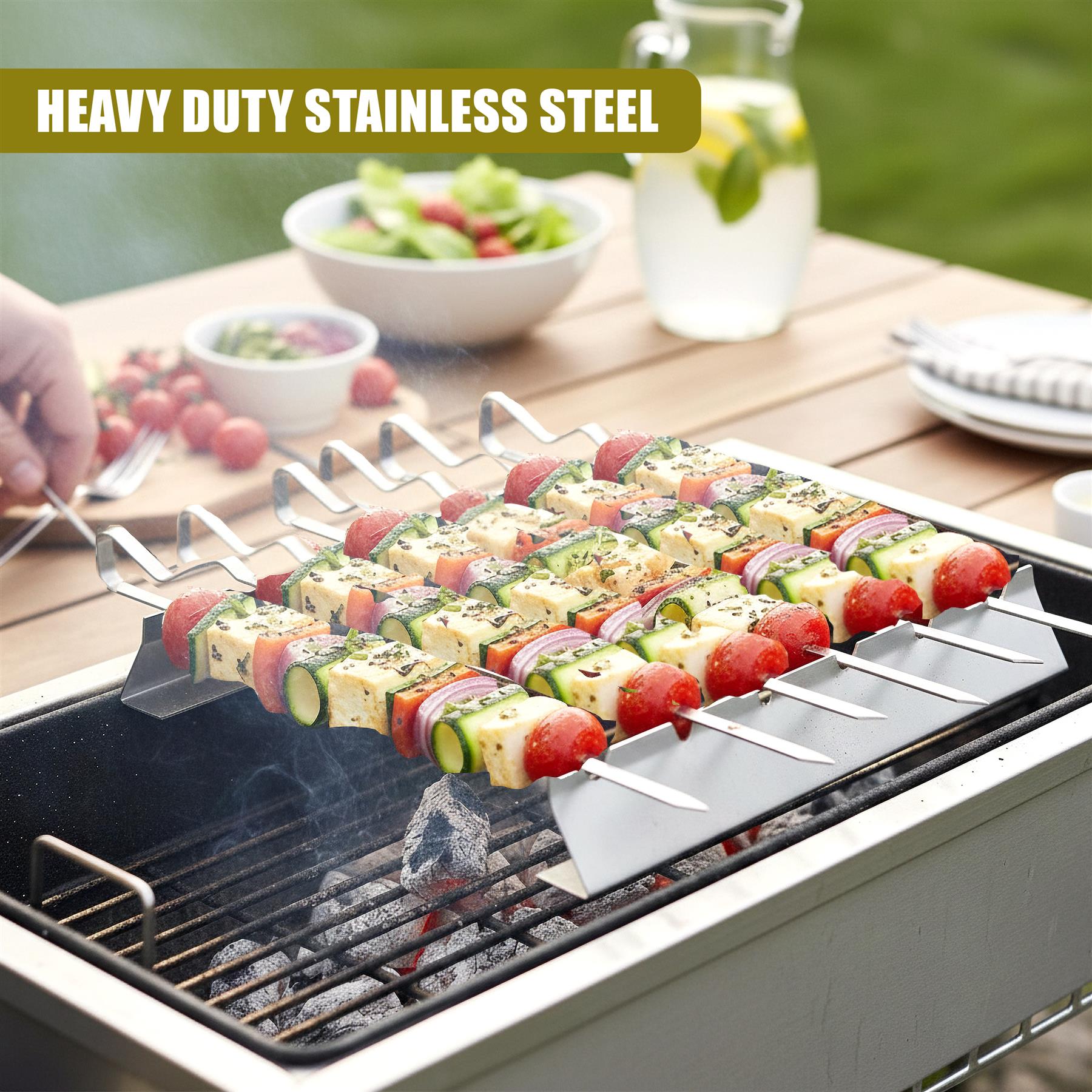 Metal rack holding skewers of vegetables and cheese cooking on a barbecue grill.