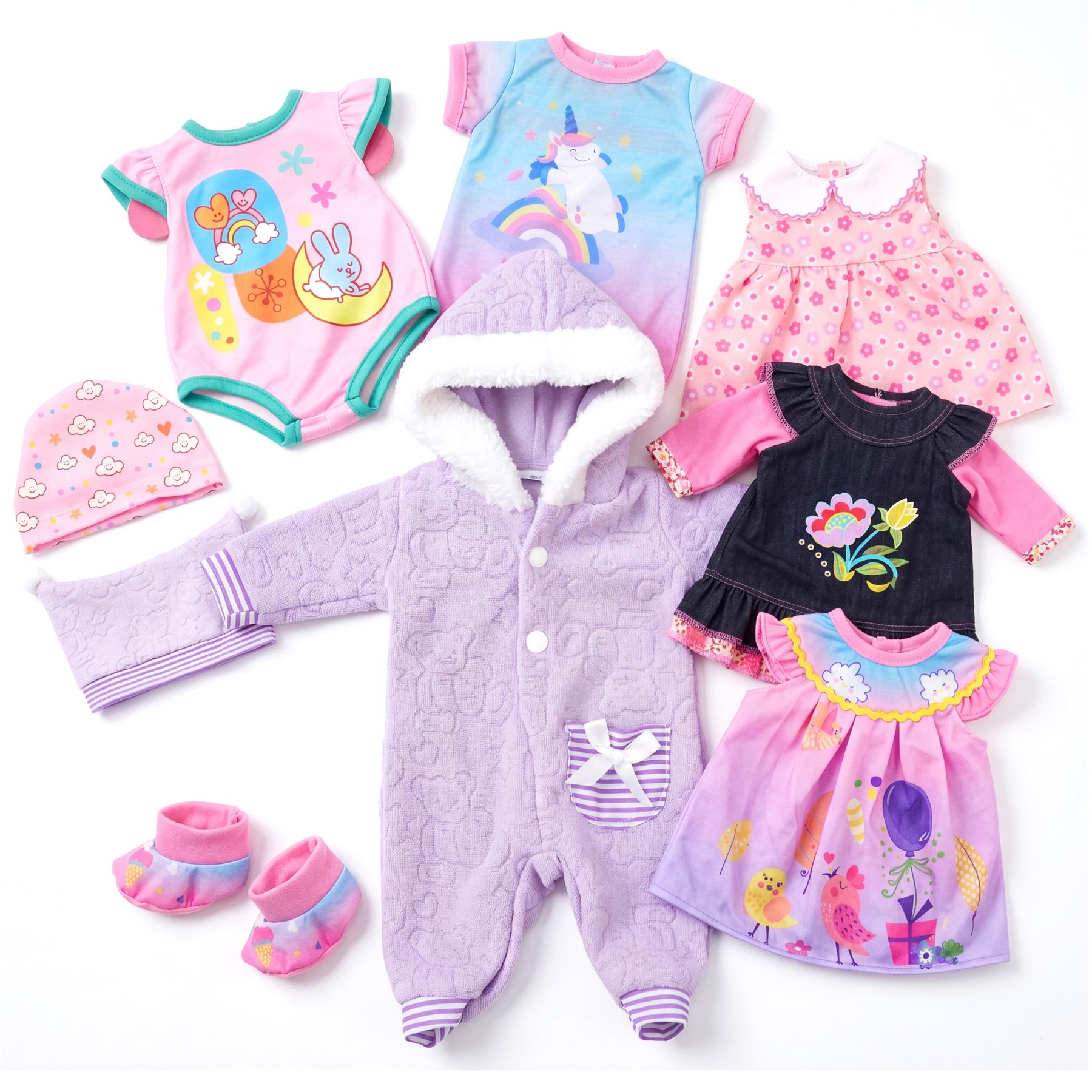 Assortment of doll clothing, including patterned dresses, rompers, and accessories in various colors.
