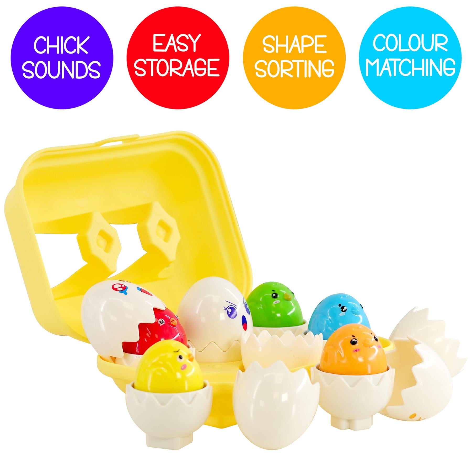 Yellow sorting tray displayed with assorted colored and shaped plastic egg pieces.