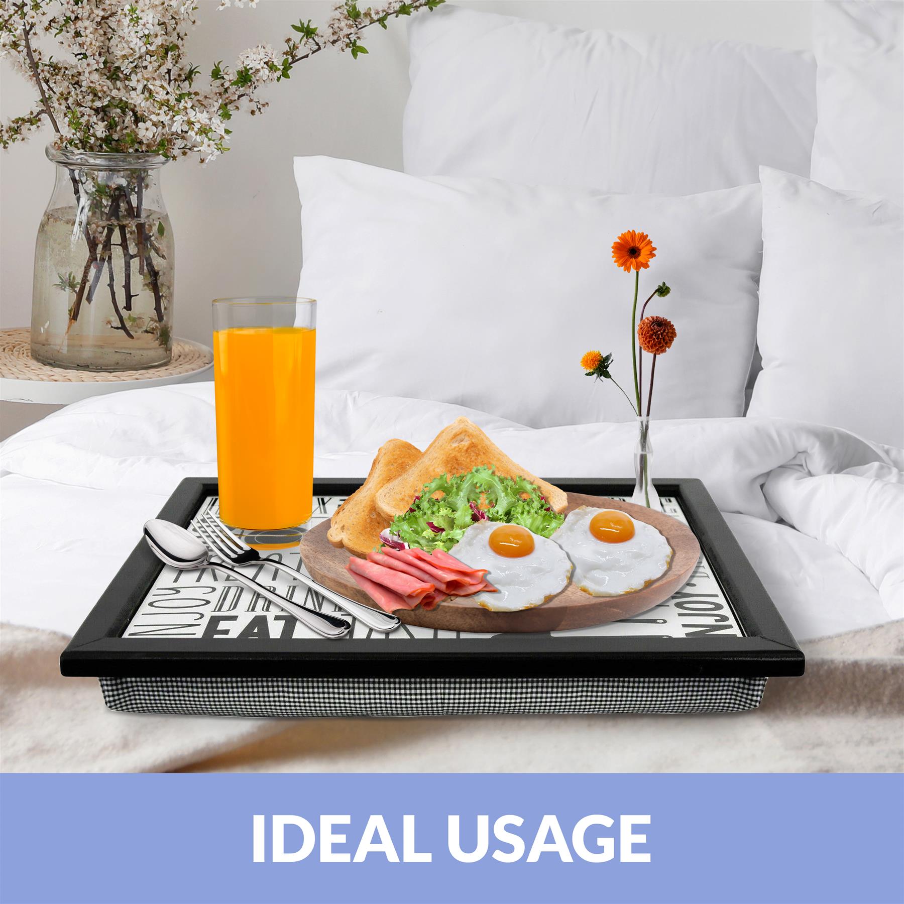 Two images side by side: a real-life bed with a tray of food and a graphic illustration of a similar scene. Text reads 'IDEAL USEAGE'. - The Magic Toy Shop