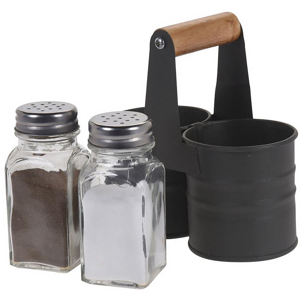 A black metal caddy with a wooden handle, containing two glass bottles: one with black pepper and the other with salt. - The Magic Toy Shop