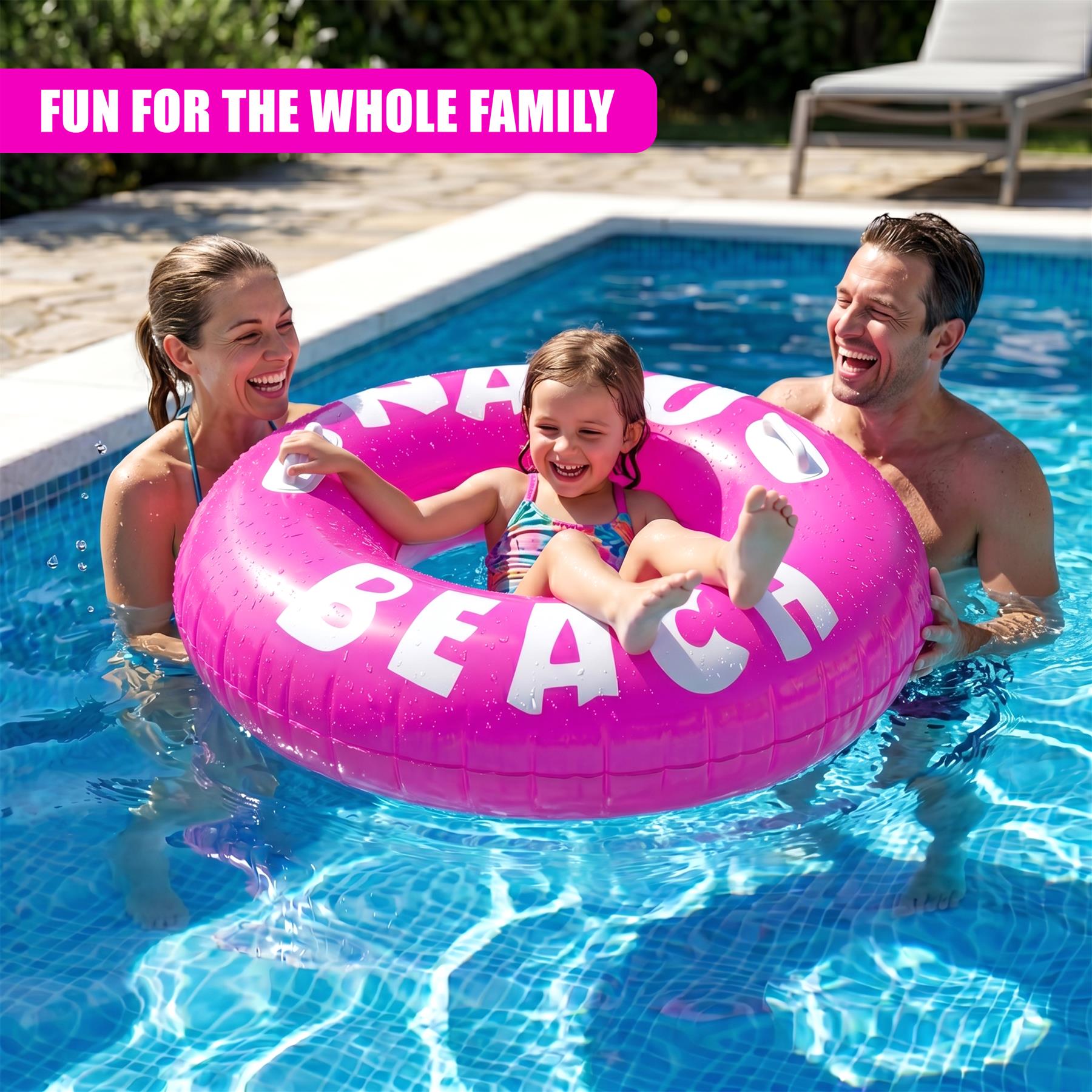 Pink inflatable ring with "BEACH" lettering floats in a pool during a family outing.