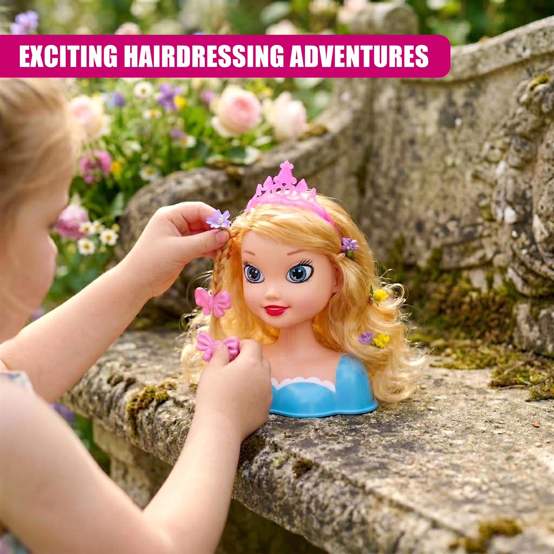 A child places floral and butterfly accessories into the doll's styled blonde hair.