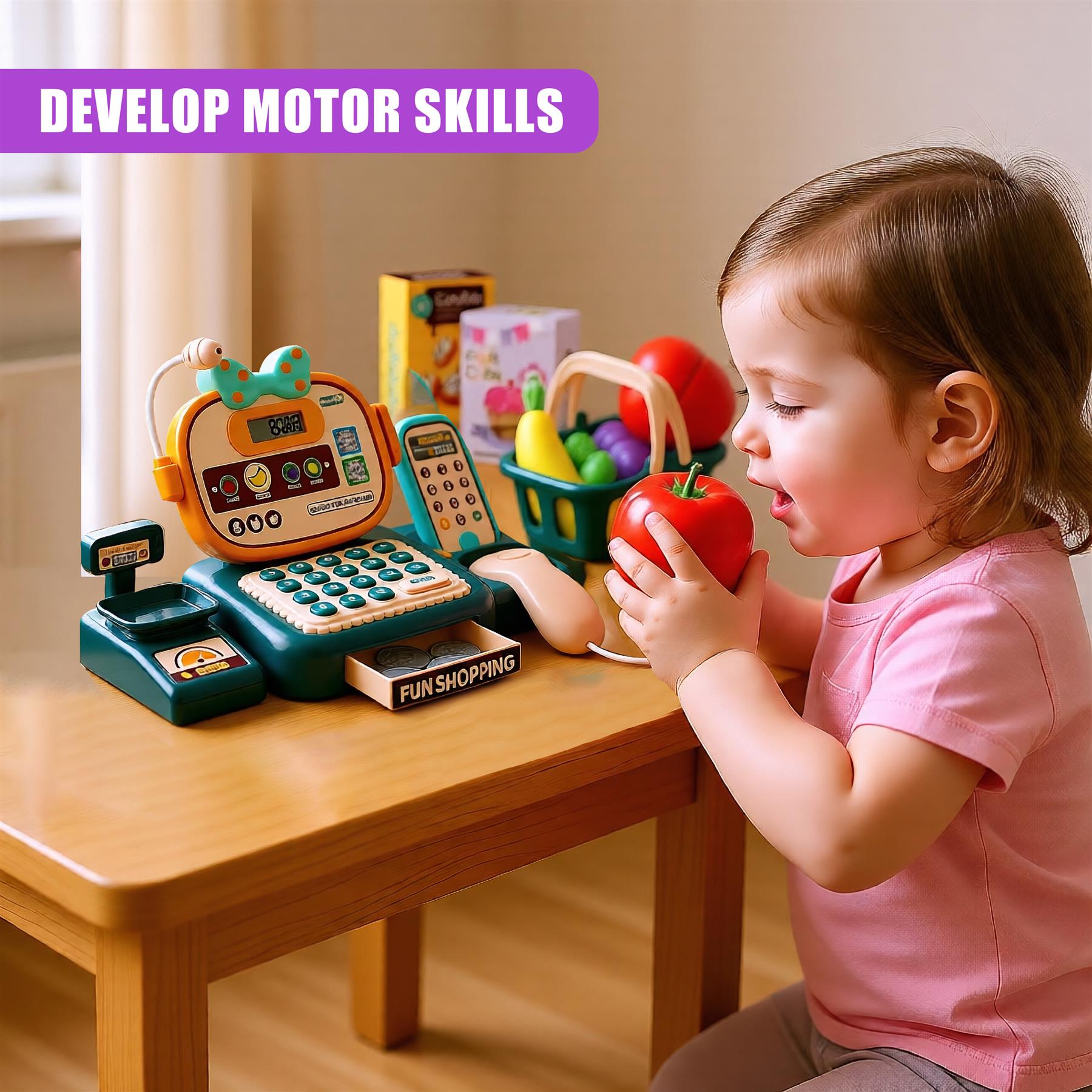 A young girl sits at a wooden table, playing with a toy cash register and fruit. She holds a red apple and has a toy cash register in front of her, with a basket of fruit and a toy phone nearby. - The Magic Toy Shop