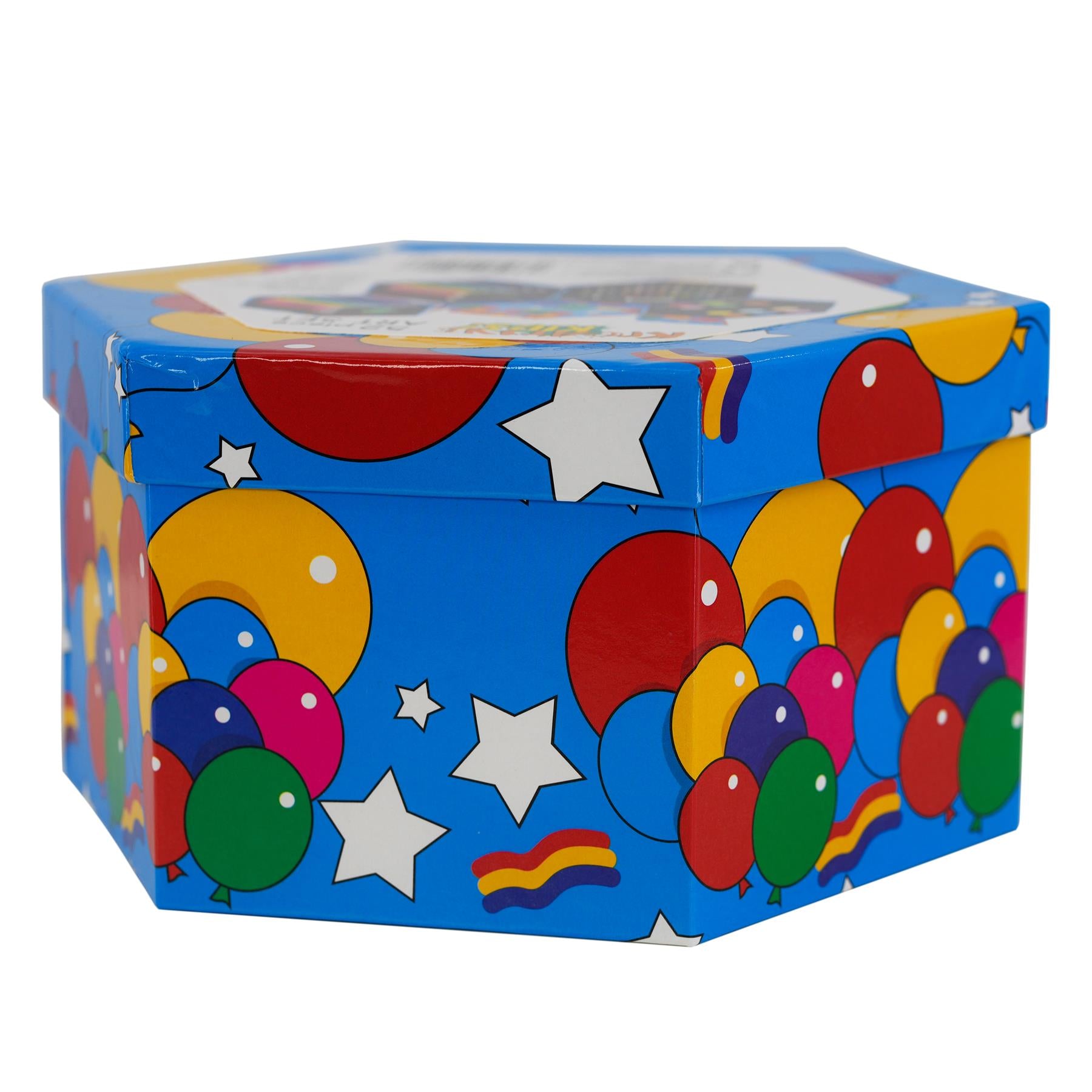 A blue art set box patterned with colorful balloons, stars, and a rainbow motif.
