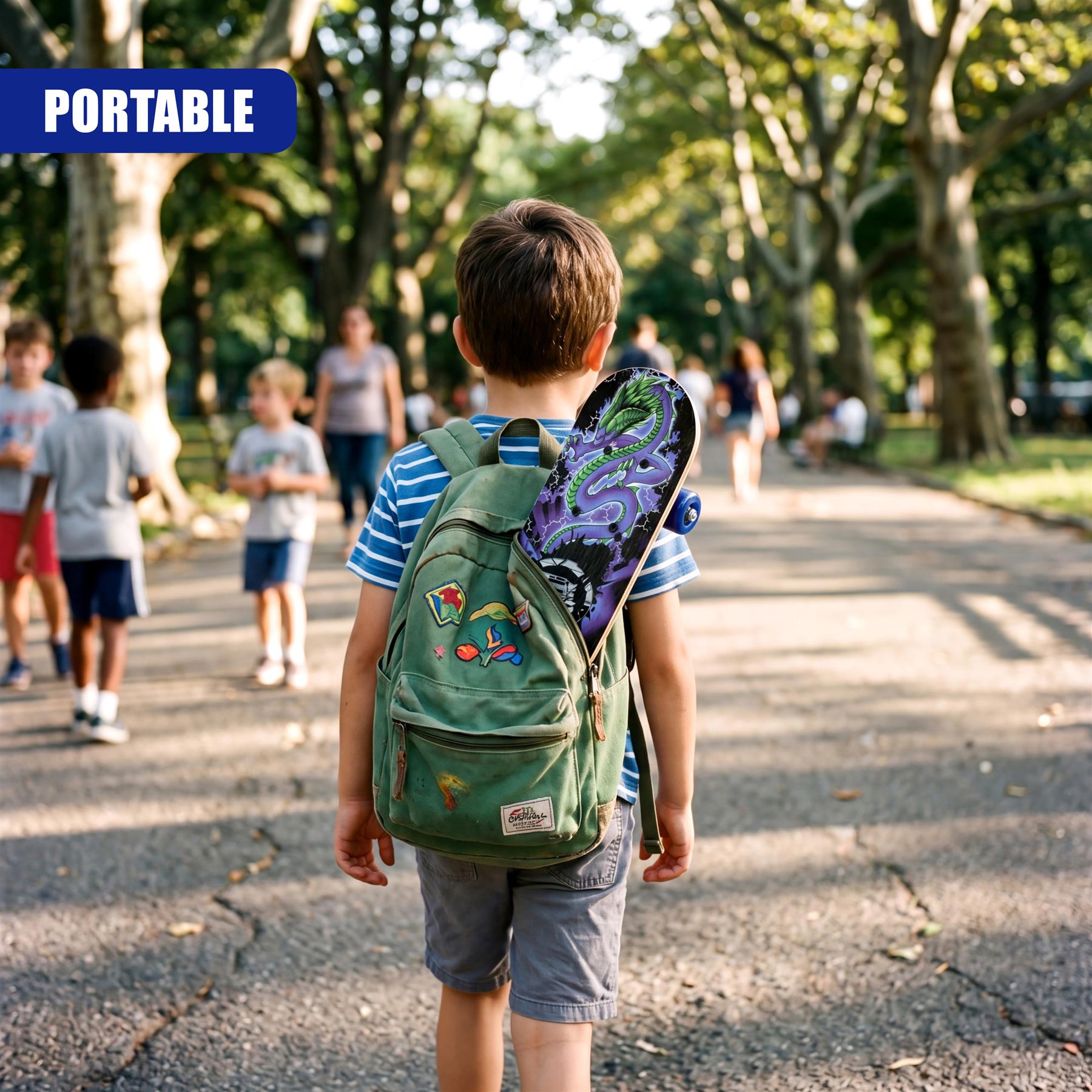 Boy walks down an outdoor path, carrying a patterned skateboard slung over his back.