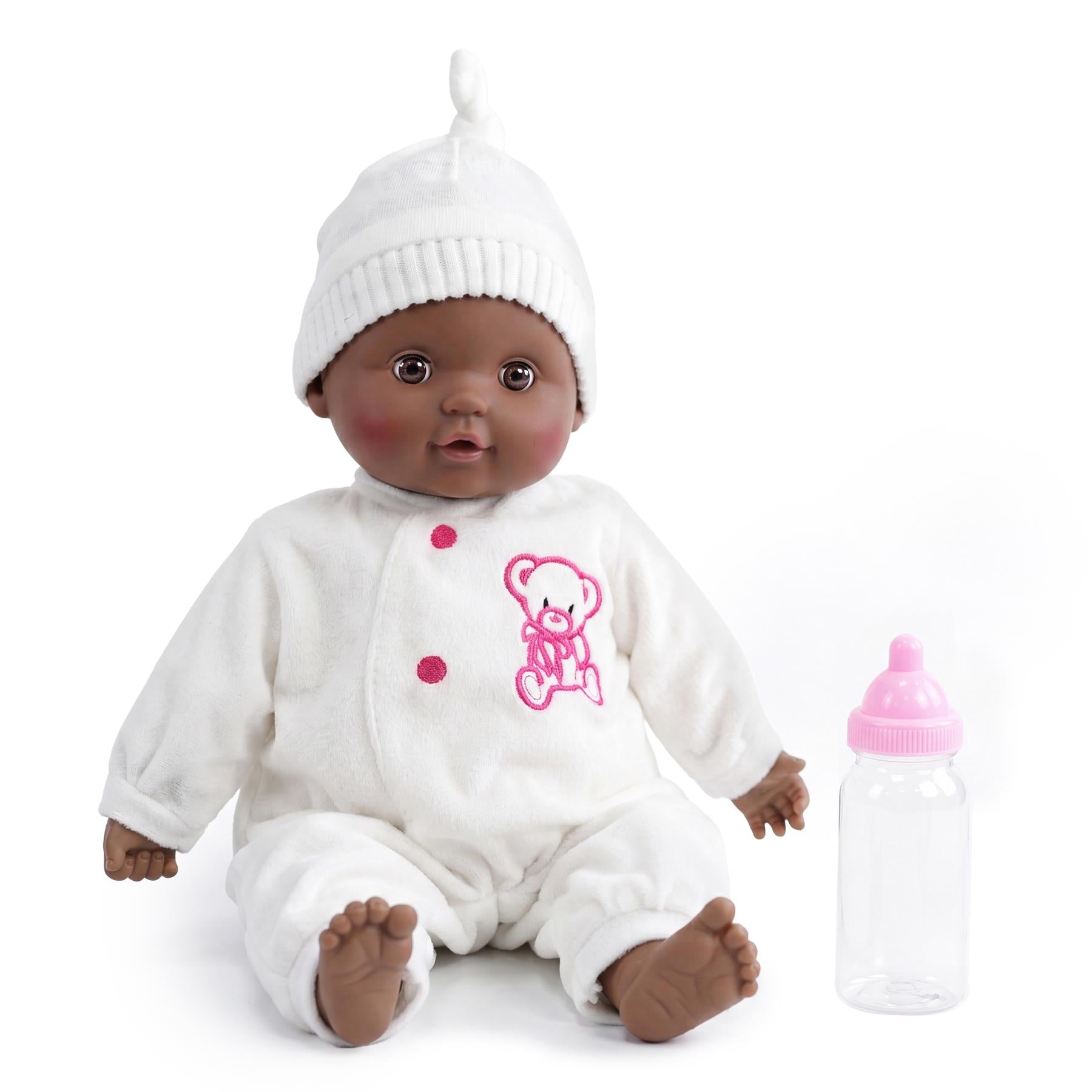 A large, plush black sleeping doll displayed lying down on a solid surface.