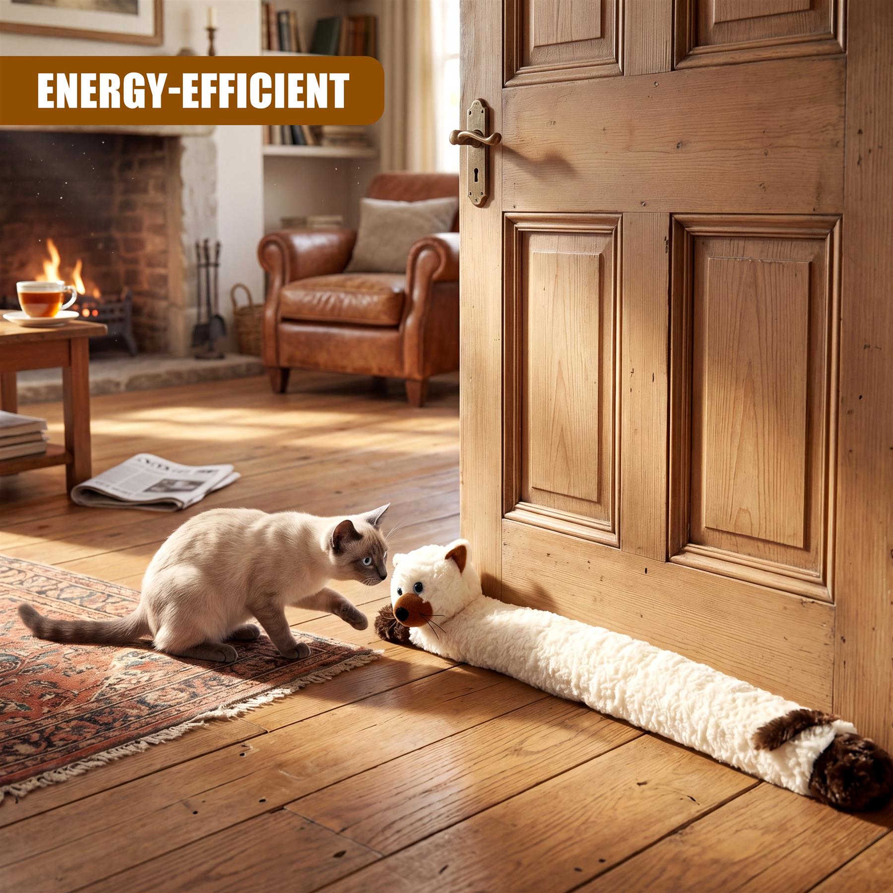 Cat novelty draught excluder placed against a wooden door.
