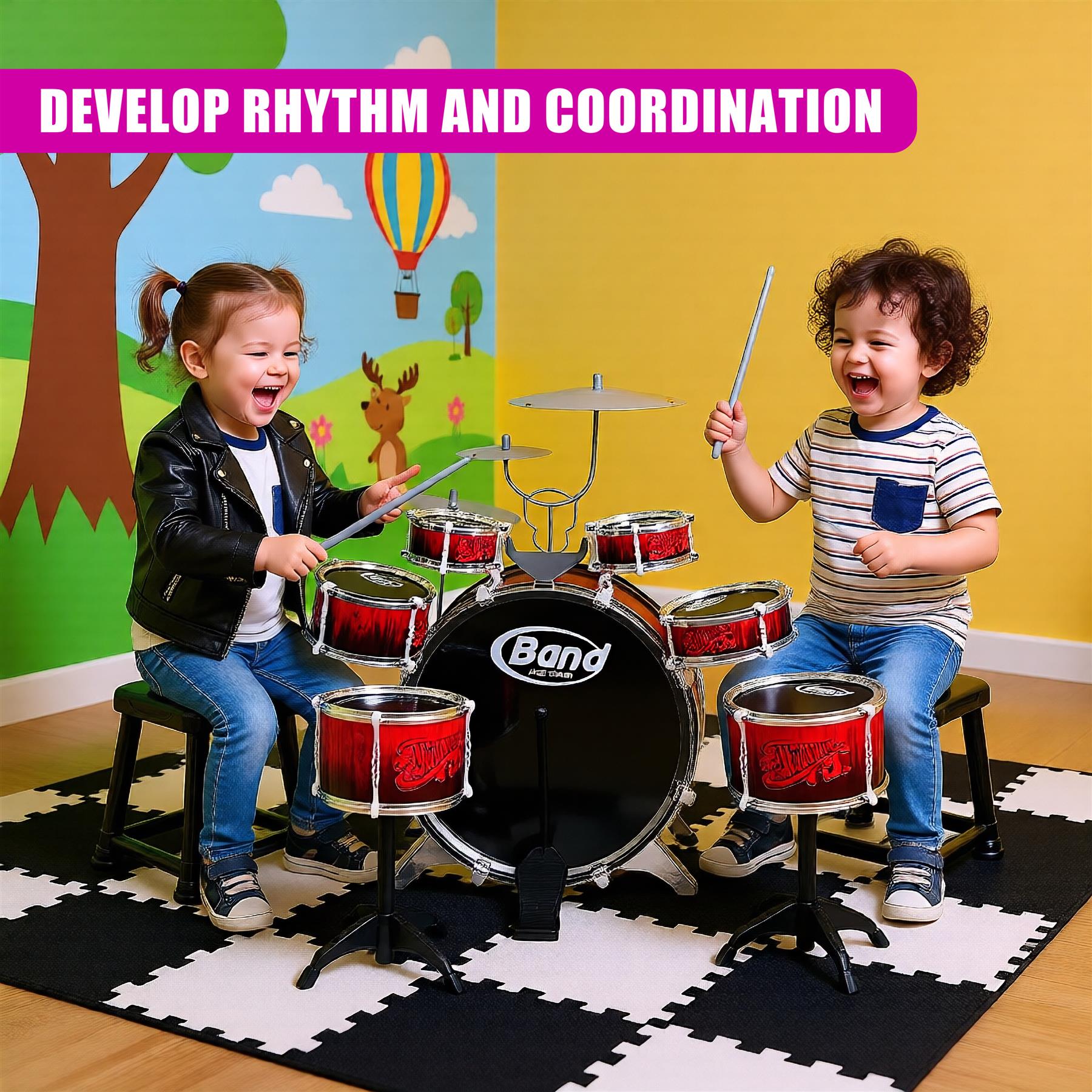 Kids Drum Kit With Stool 10 Piece