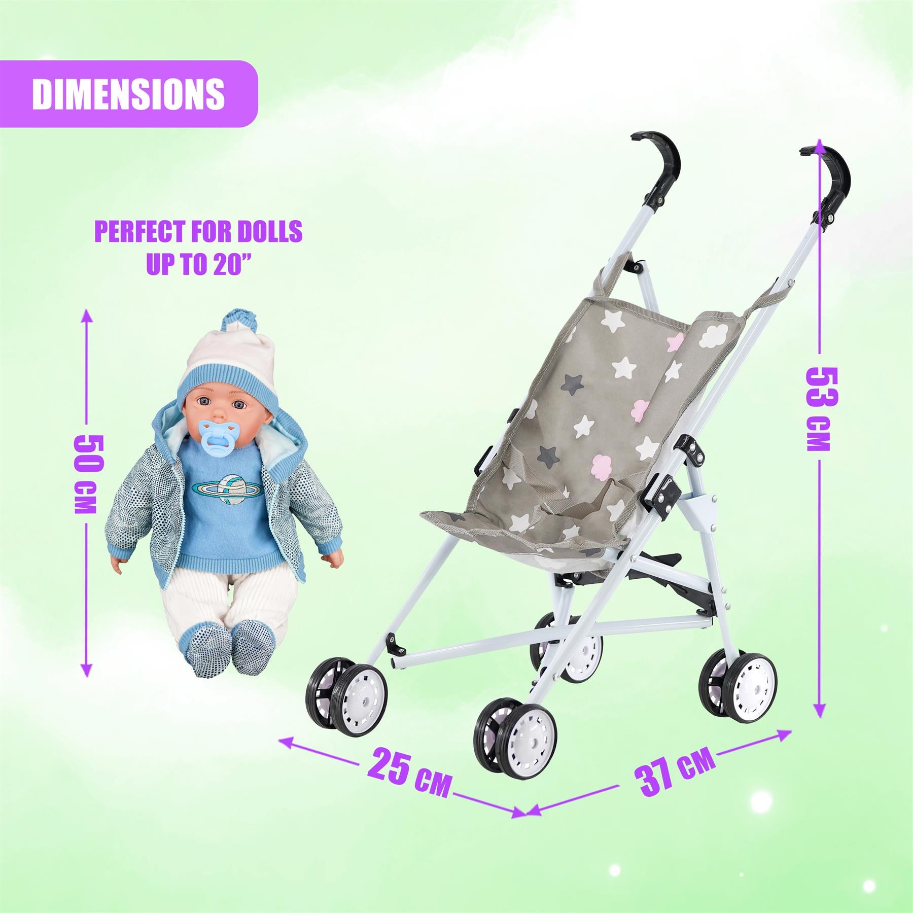 Stars Baby Doll Foldable Stroller by BiBi Doll - The Magic Toy Shop